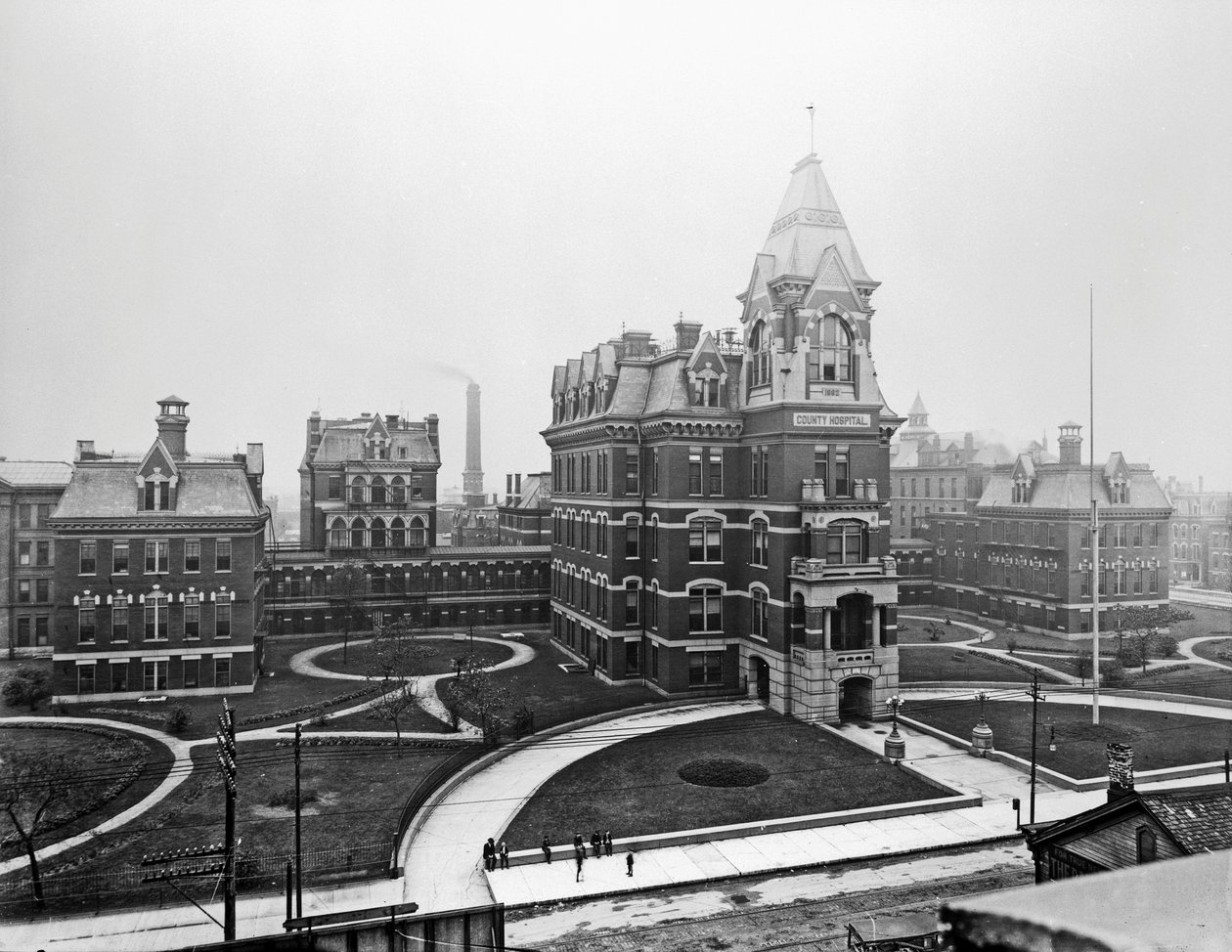 Cook County Hospital, ca. 1900, Chicago, Illinois, USA, ca. 1900 (s/hvitt-bilde) av Barnes and Crosby