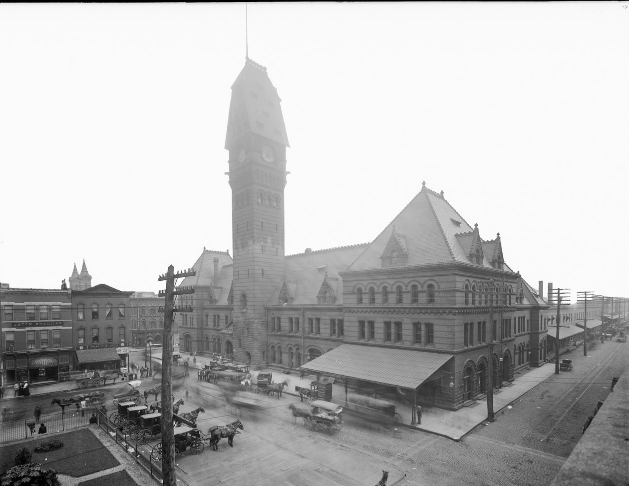 Dearborn Station, Chicago, Illinois, USA, ca. 1883 (s/hvitt-bilde) av Barnes and Crosby