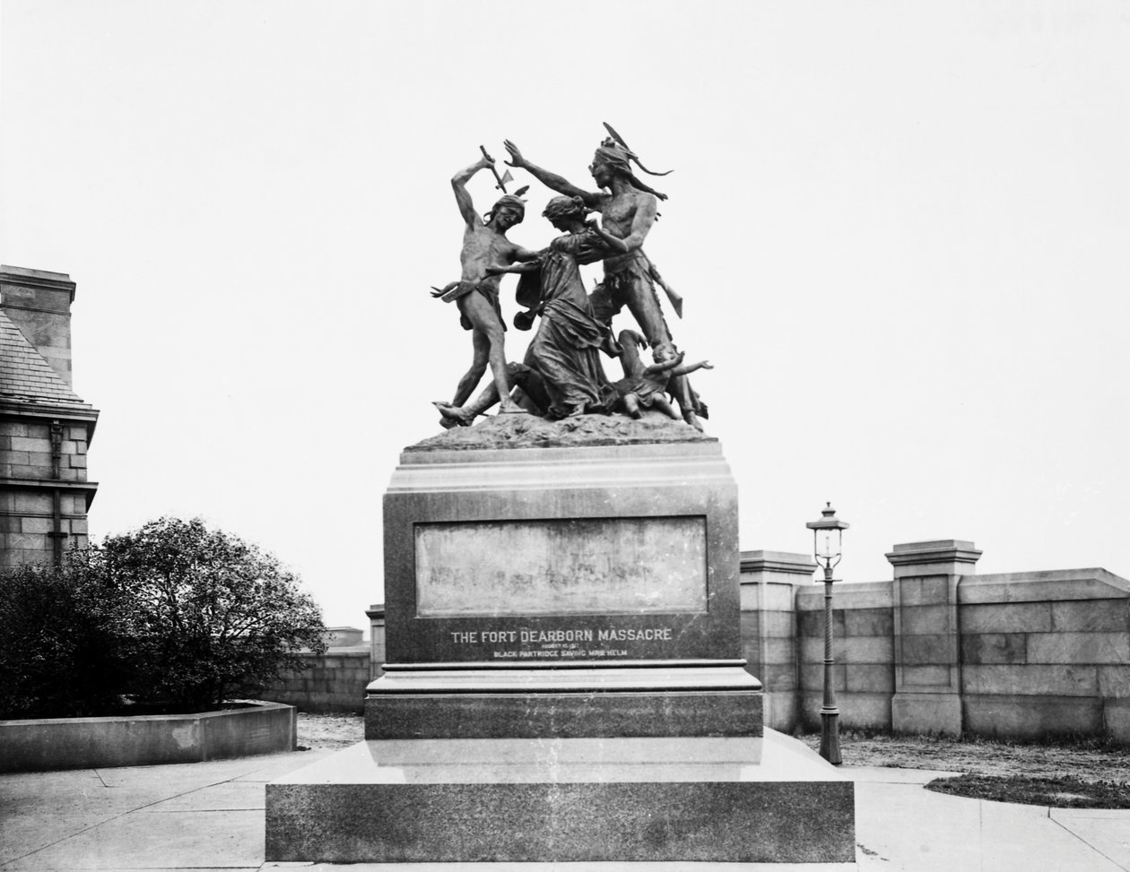 Fort Dearborn Massacre Monument ved Calumet Street og 18th Avenue, Chicago, Illinois, USA, ca. 1900 (s/hvitt-bilde) av Barnes and Crosby