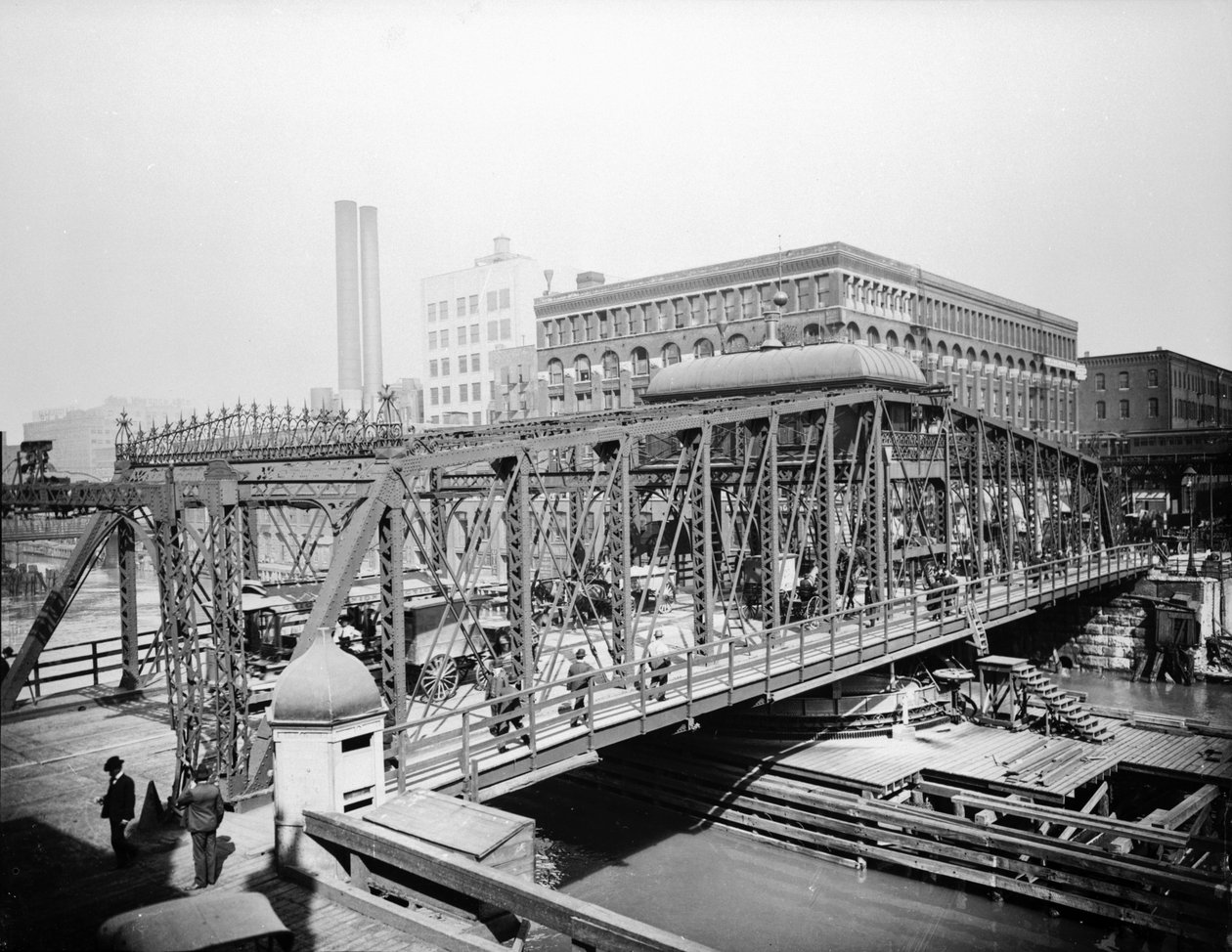 Madison Street Bridge, Chicago, Illinois, USA, ca. 1905 (s/hvitt-bilde) av Barnes and Crosby