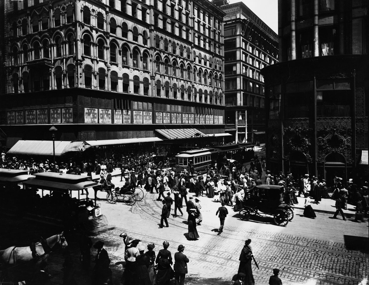 State and Madison Streets, Chicago, Illinois, USA, ca. 1905 (s/hvitt-bilde) av Barnes and Crosby