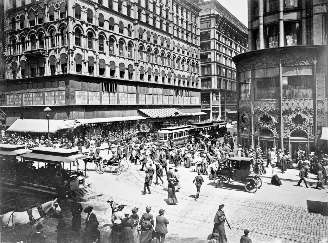 State and Madison Streets, Chicago, Illinois, USA, ca. 1905 (s/hvitt-bilde) av Barnes and Crosby