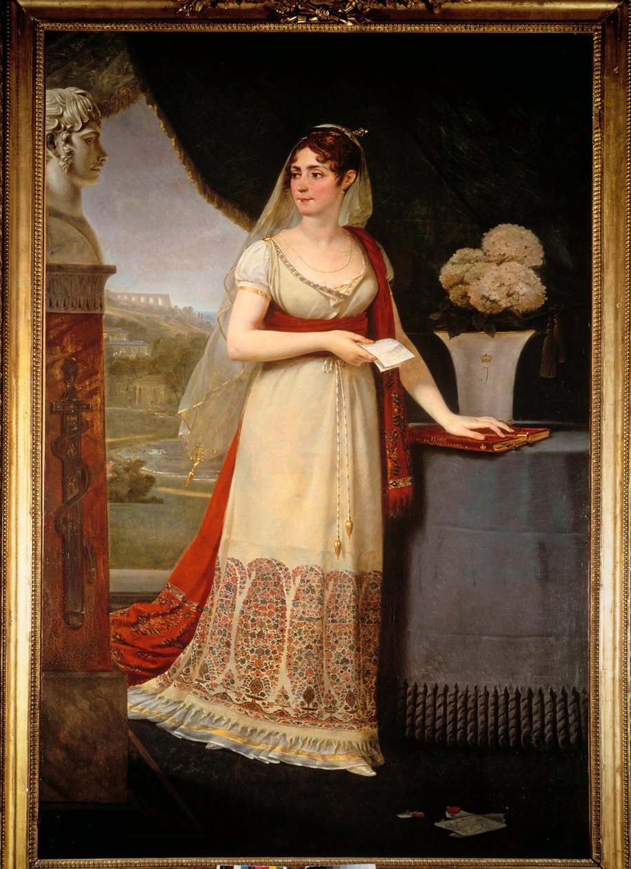 Hellengdeportrett av Josephine de Beauharnais (1763-1814) Hun ser på en byste som viser sønnen hennes, Eugene Rose de Beauharnais dit le Prince Eugene (1781-1824), et Malmaison - maleri av Antoine Jean Gros (1771-1835) av Baron Antoine Jean Gros