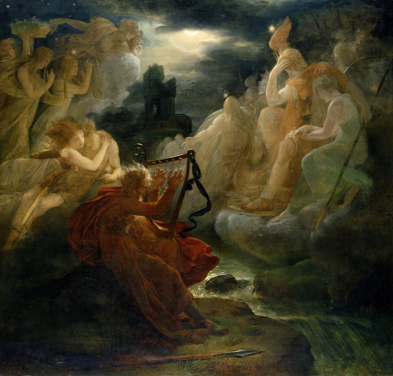 På bredden av Lora tryller Ossian frem en ånd med lyden av harpen sin, ca. 1811 av Baron François Pascal Simon Gérard