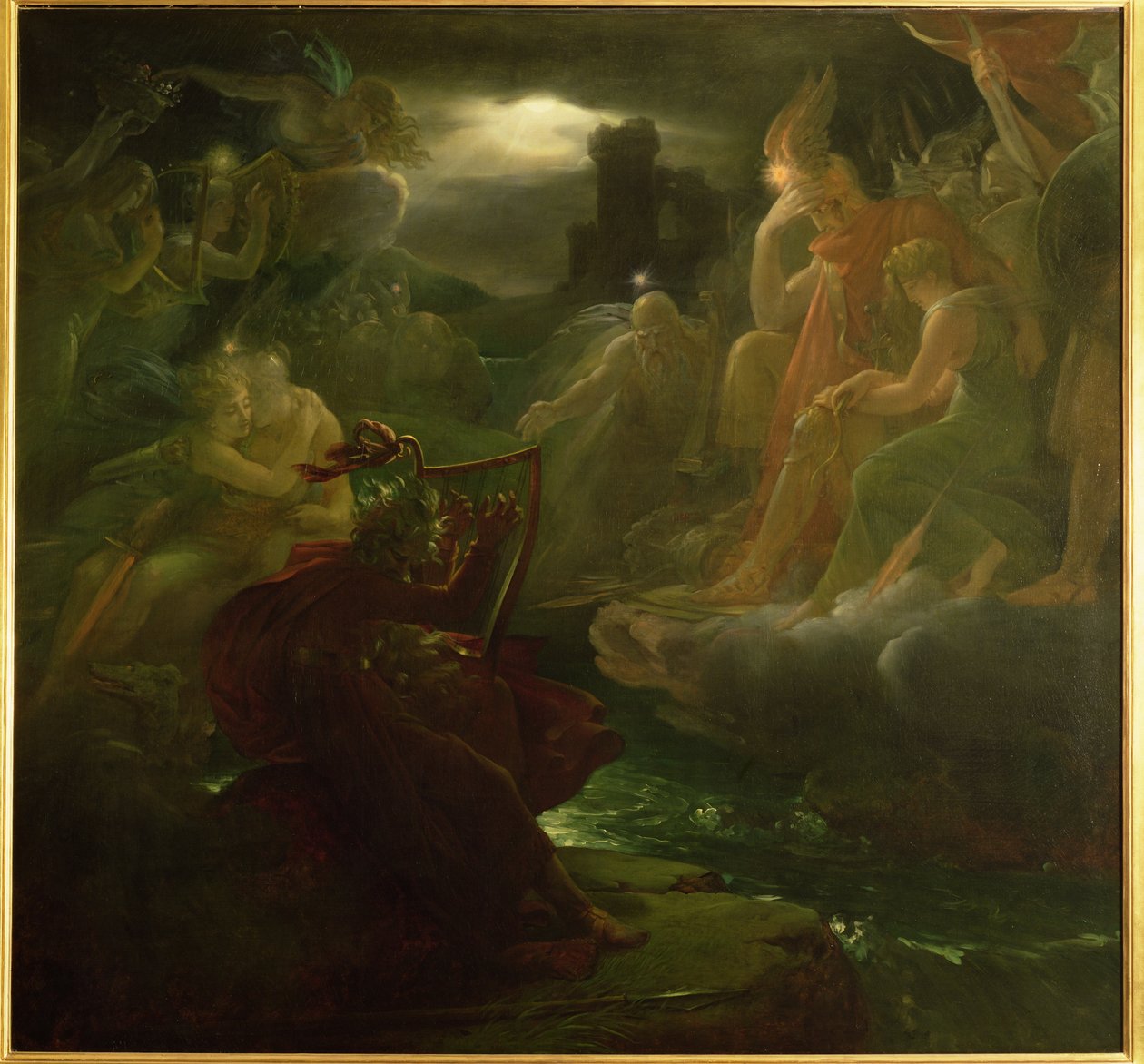 Ossian tryller frem åndene på bredden av elven Lora med lyden av harpen hans, 1801 av Baron François Pascal Simon Gérard