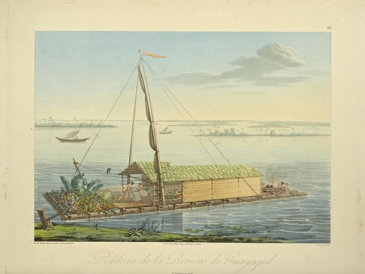 Flåte på elven Guayaquil, tegnet av Marchais, gravert av Bouquet, illustrasjon fra "Views of the Cordilleras and Monuments of the Native Peoples of America" ​​av Alexander von Humboldt og Aime Bonpland, 1813 av Baron Friedrich Alexander von Humboldt