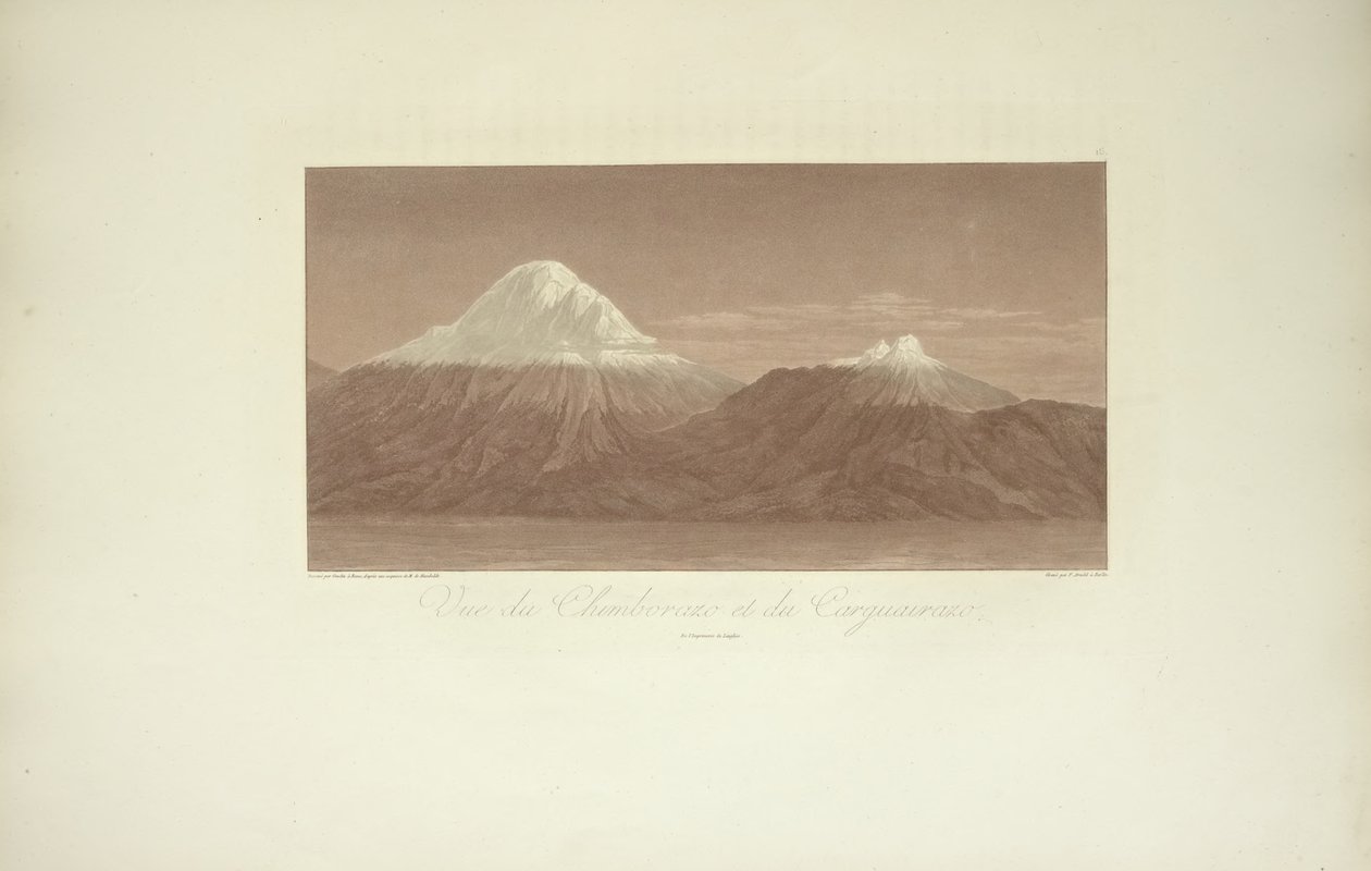 Utsikt over Chimborazo og Carguairazo, tegnet av Gmelin, gravert av Arnold, illustrasjon fra "Views of the Cordilleras and Monuments of the Native Peoples of America" ​​av Alexander von Humboldt og Aime Bonpland, 1813 av Baron Friedrich Alexander von Humboldt