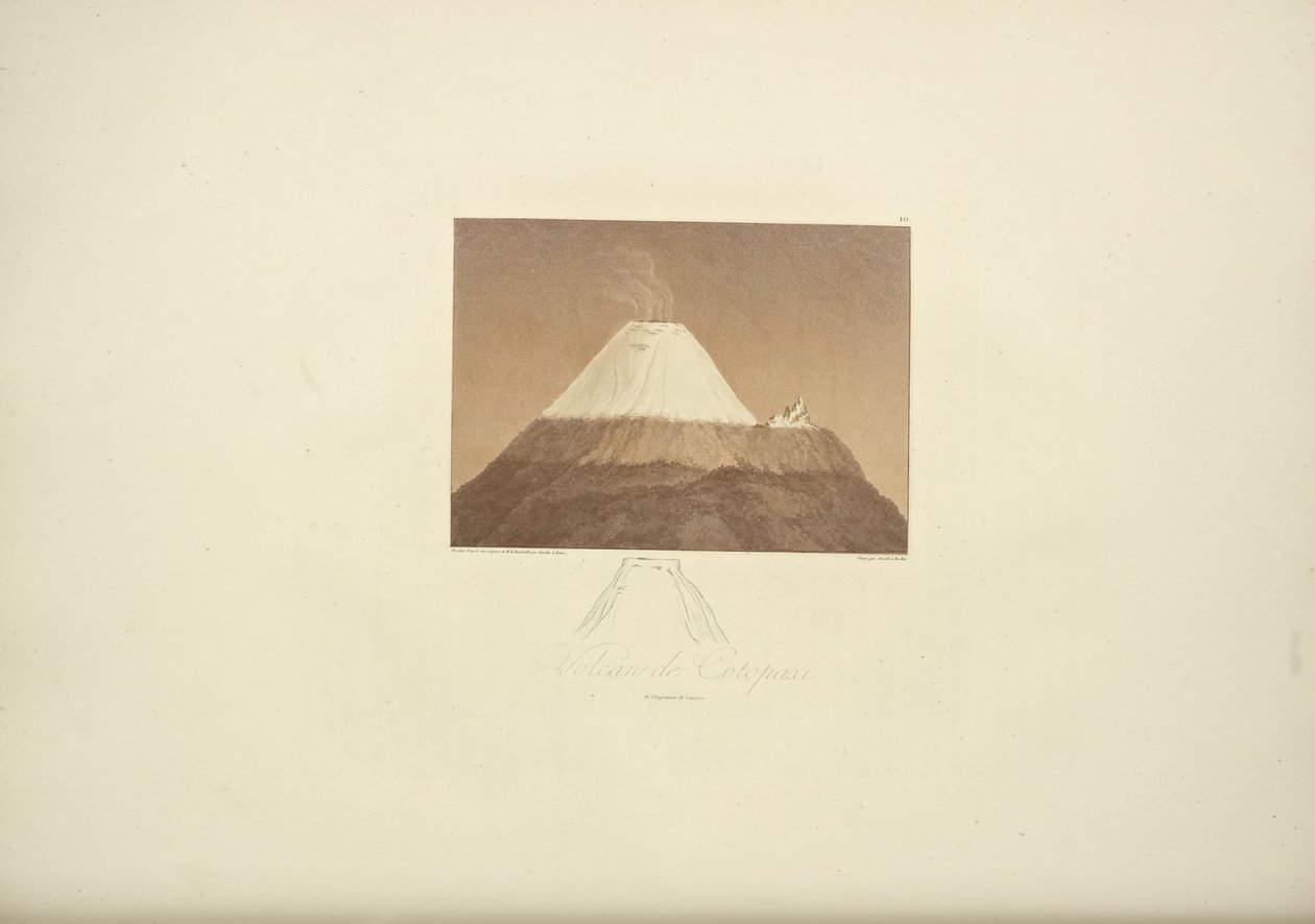 Volcano of Cotopaxi, tegnet av Gmelin, gravert av Arnold, illustrasjon fra "Views of the Cordilleras and Monuments of the Native Peoples of America" ​​av Alexander von Humboldt og Aime Bonpland, 1813 av Baron Friedrich Alexander von Humboldt