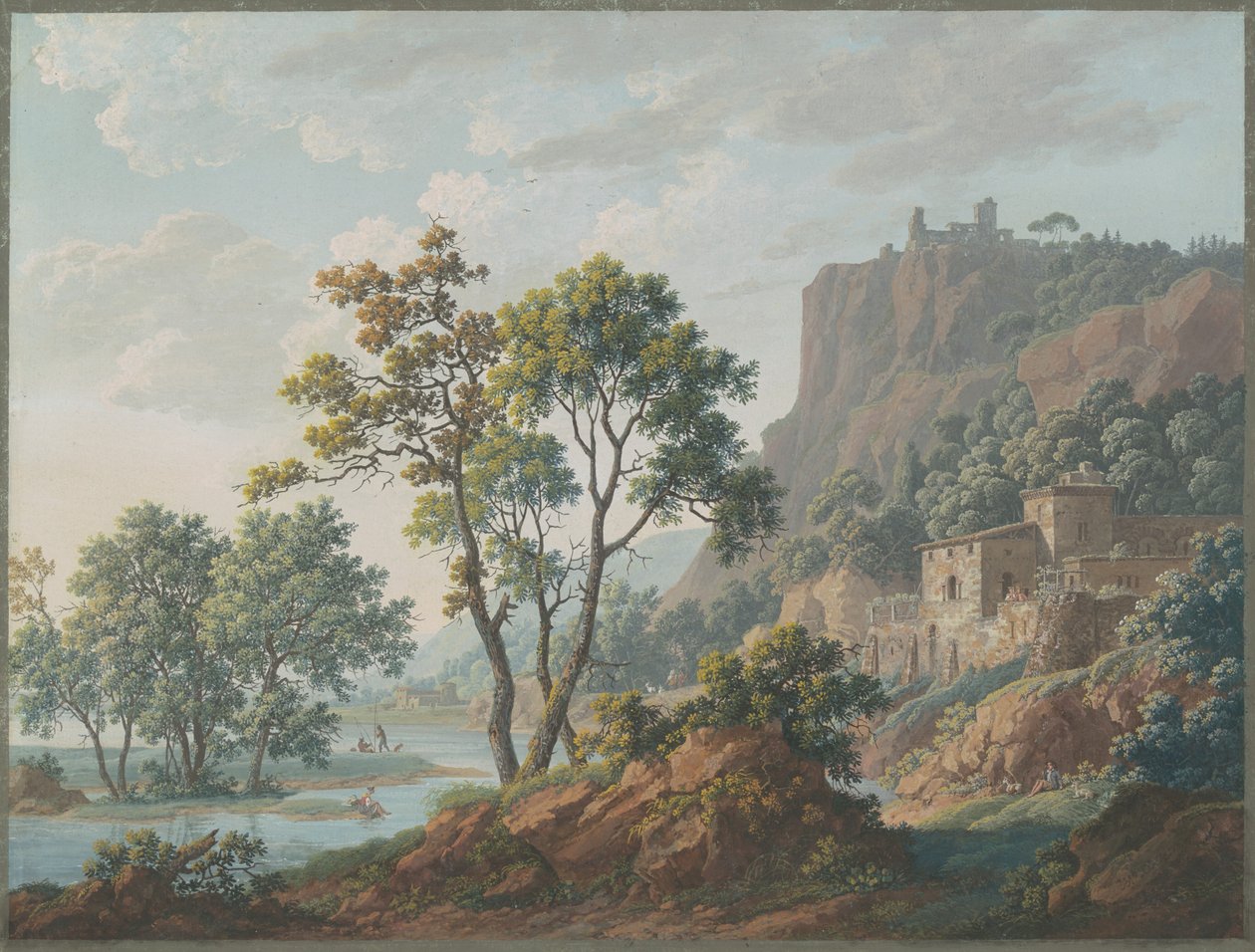 Elvelandskap med slott og fiskere av Baron Louis Albert Guillain Bacler d