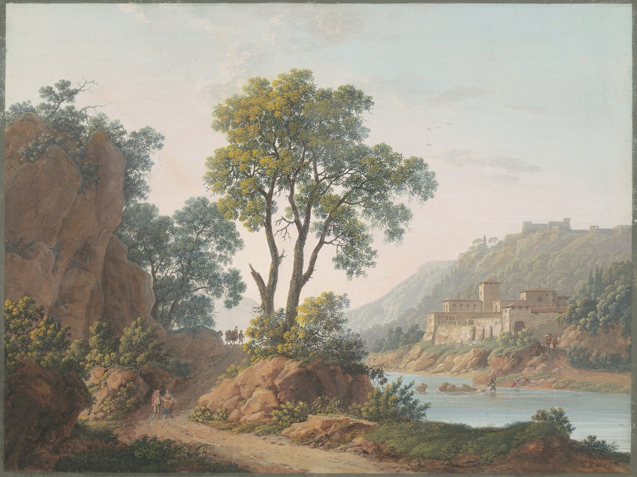 Elvelandskap med slott og reisende av Baron Louis Albert Guillain Bacler d