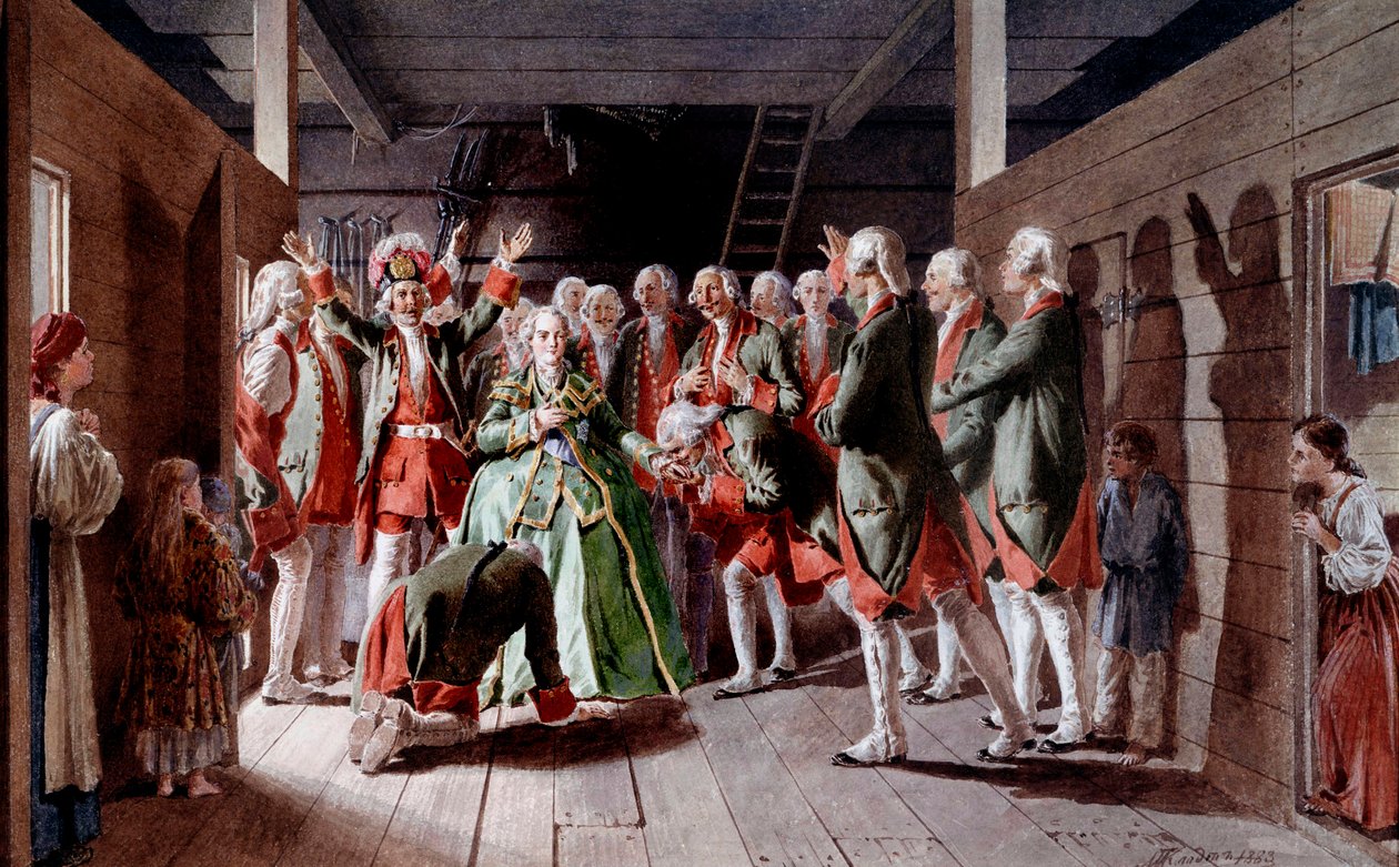 Den russiske imponen Elisabeth Iere Petrovna (1709-1762) på dagen for hennes fest og hennes fremtid på den keiserlige tronen, sverger soldatene til hennes lojalitet. av Baron Mikhail Petrovich Klodt von Jurgensburg