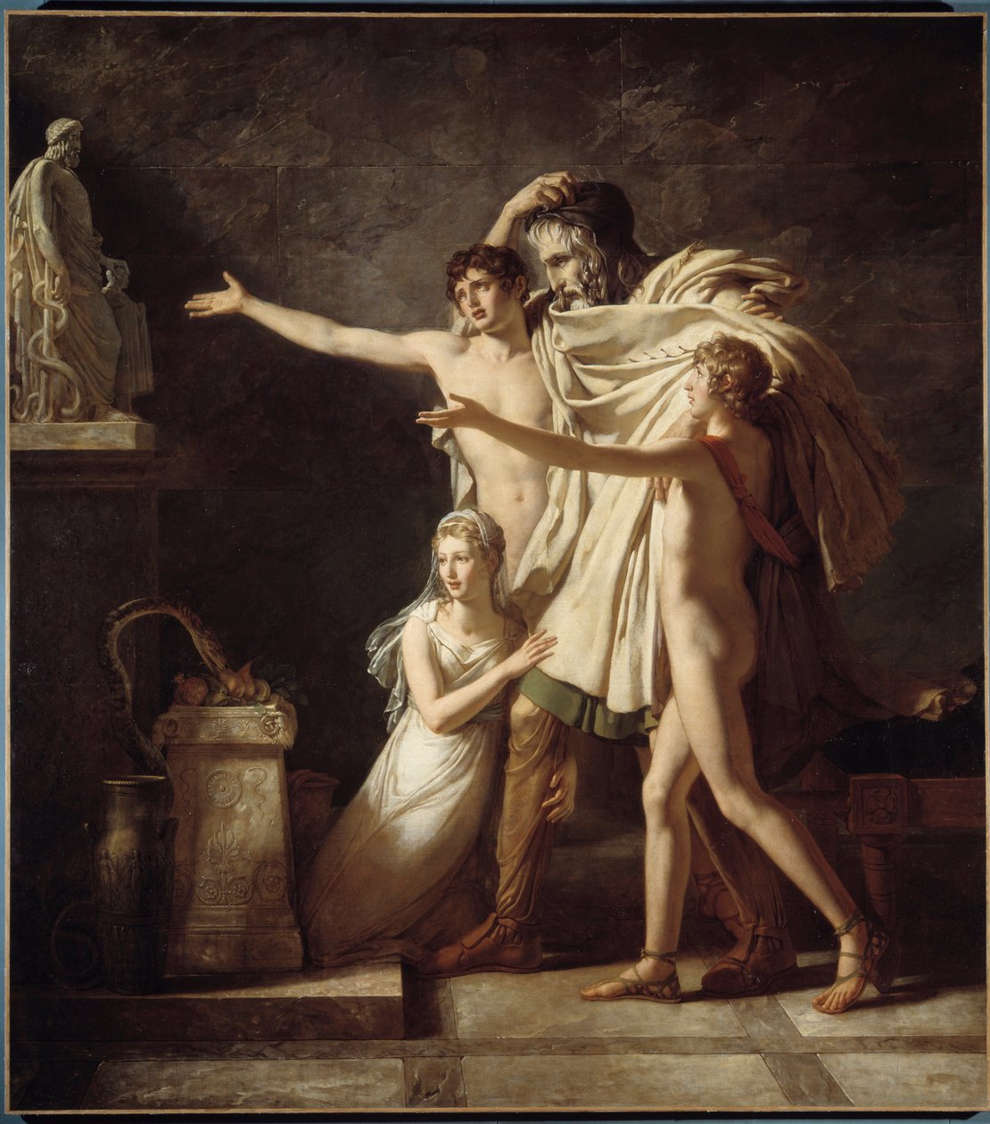 Tilbud til guden Esculapius Slangegave til ærbødighet for den romerske medisinguden - Maleri av Pierre Narcissus (Pierre-Narcisse) Guerin (1774-1833) 1803 Søn 2,91x2,59 m Arras, Musee des Beaux Arts - Offeret til gud Aesculapius. Gave av slanger til ve av Baron Pierre Narcisse Guerin
