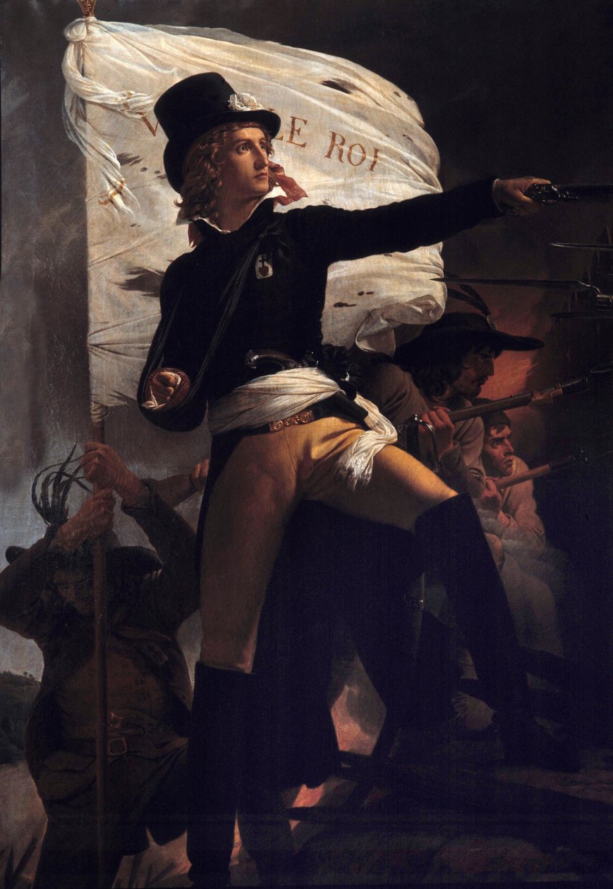 Portrait en pied av Henri Duverger, Comte de La Rochejaquelein (eller Orchard de La Rochejacquelein) (1772-1794) general solgt med flagget live le roi"" (på brystet Vendéernes insignier)"" (Vendeekrigene) Maleri av Pierre Narcisse (Pierre-Narcisse) G av Baron Pierre Narcisse Guerin