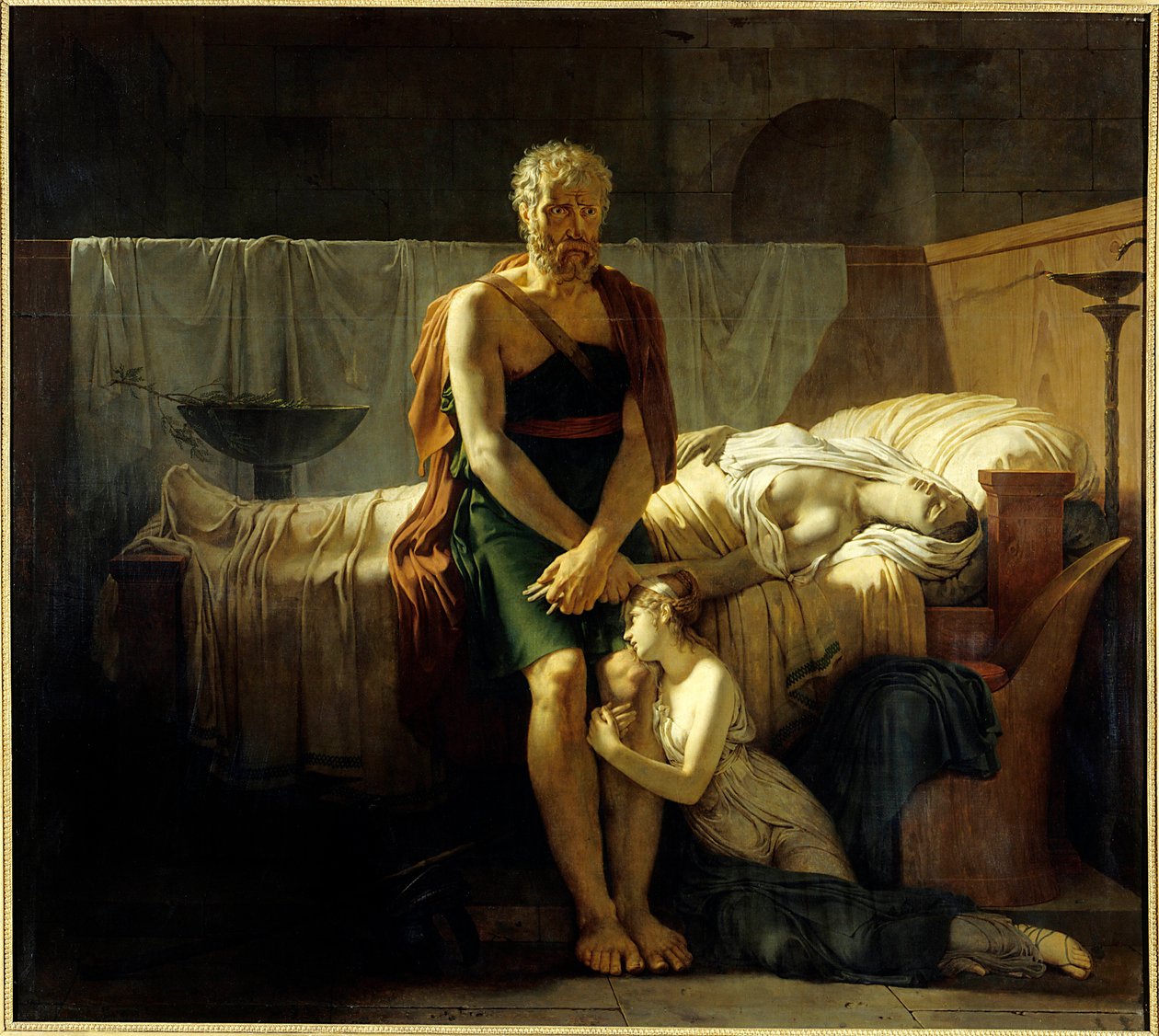 Tilbakekomsten til Marcus Sextus Marcus Sextus (imaginær figur), rømte fra Syllas forskrifter, funn ved hjemkomsten, datteren hans i tårer, nær sin døde kone - Maleri av Pierre Narcisse (Pierre-Narcisse) Guerin (1774-1833) 1799 Dim 2 ,17 x 2,43 m Paris av Baron Pierre Narcisse Guerin