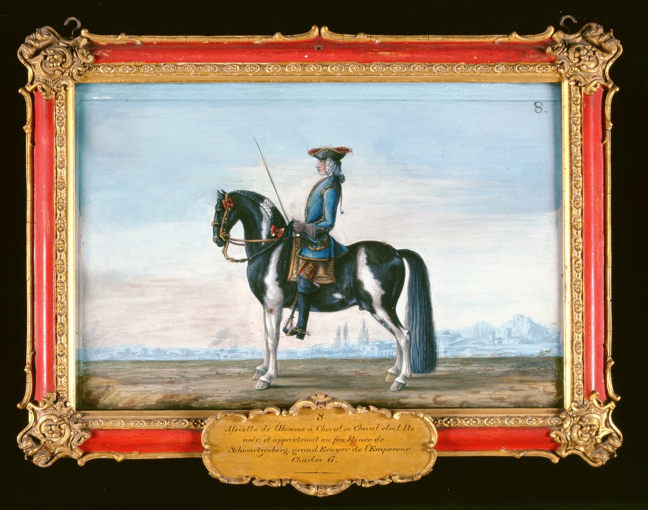 No.8 En skjørt hest og rytter, fra den spanske rideskolen, hesten som tilhører avdøde prins av Schwartzenberg, equery til keiser Charles VI (wc på papir) av Baron Reis Eisenberg