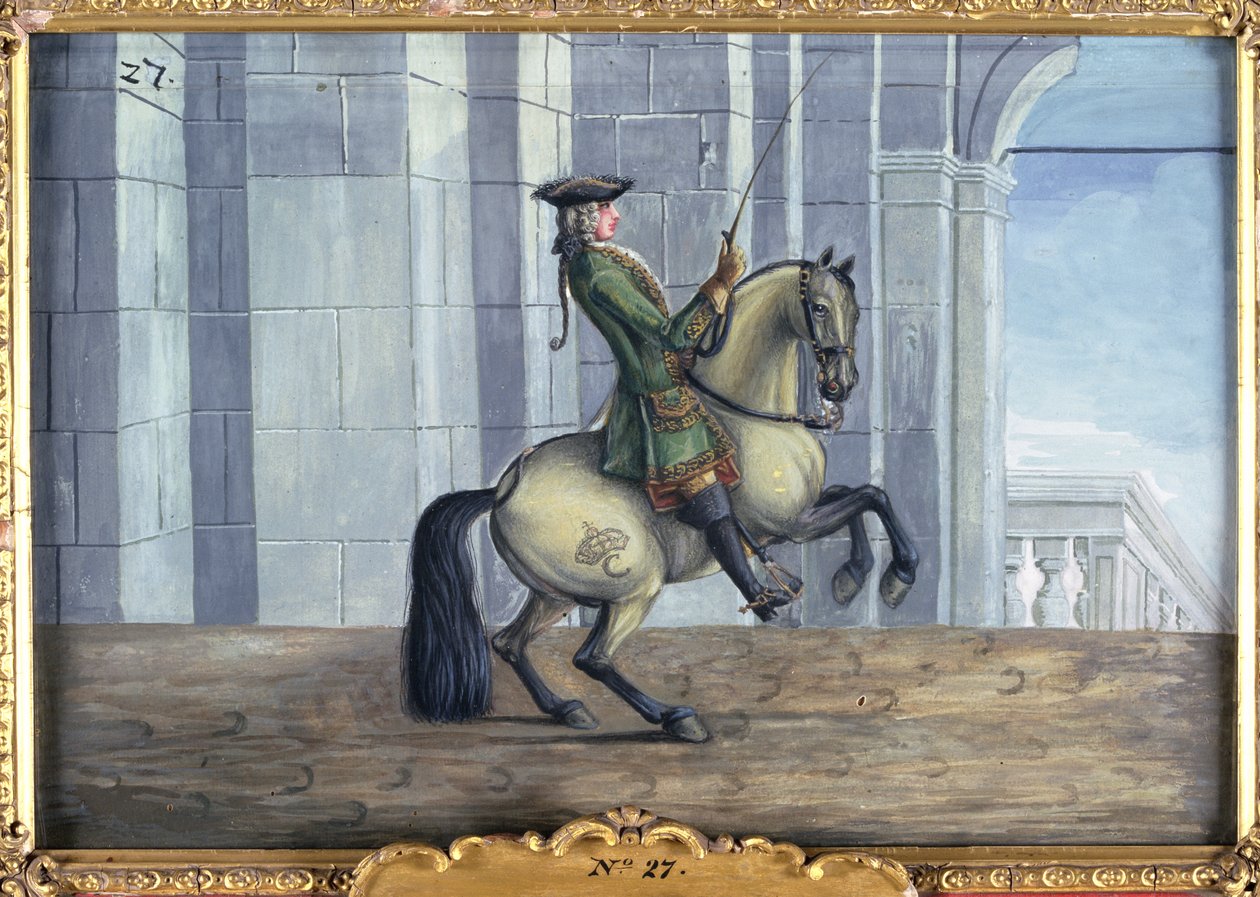 Nr. 27 En grå hest fra den spanske rideskolen som utfører en dressurbevegelse kalt Levade (wc på papir) av Baron Reis Eisenberg