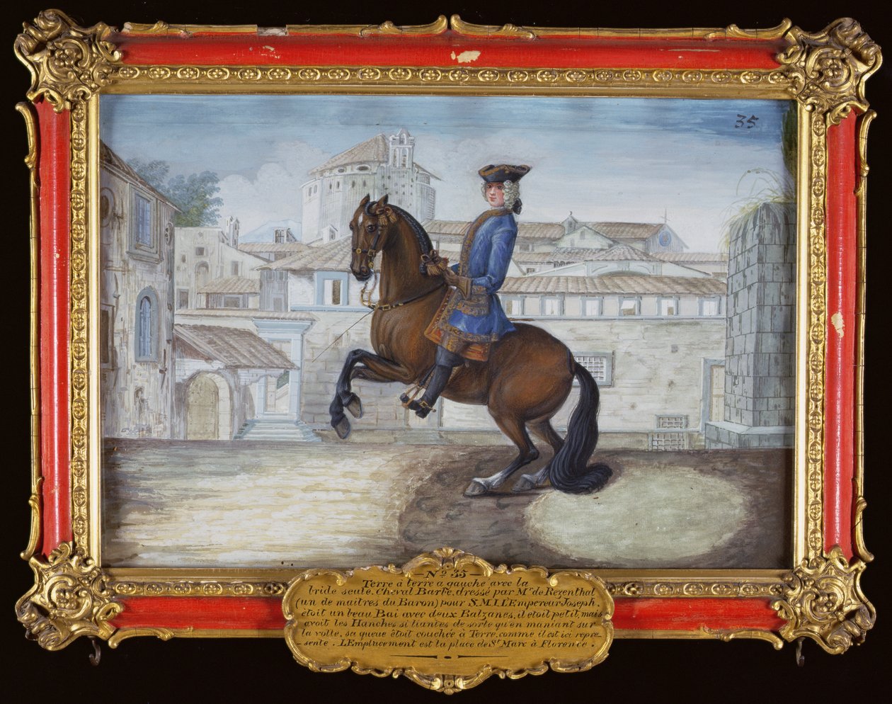 Nr. 35 En Barbary Bay-hest fra den spanske rideskolen som utfører en dressurbevegelse på Markusplassen, Firenze (wc på papir) av Baron Reis Eisenberg