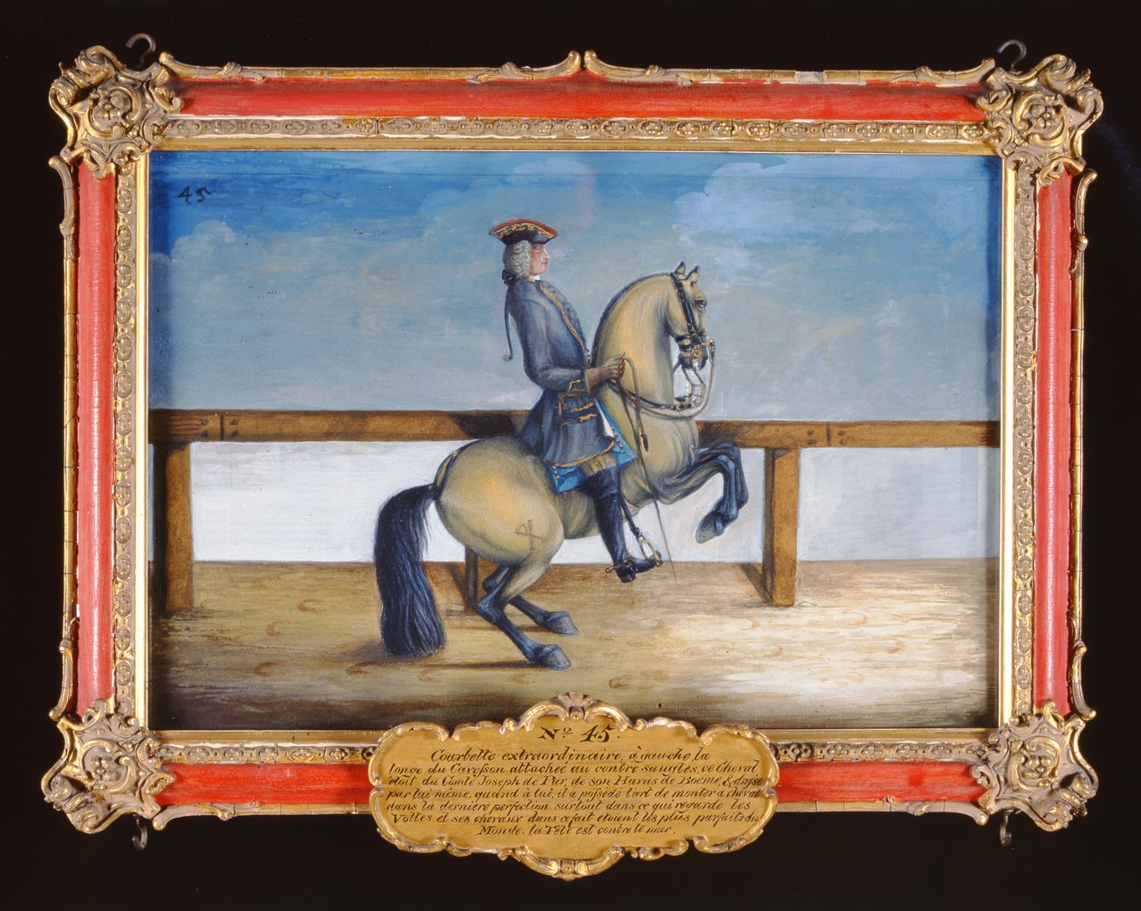 Nr. 45 En hest fra den spanske rideskolen som utfører en dressurbevegelse kalt Courbette (wc på papir) av Baron Reis Eisenberg
