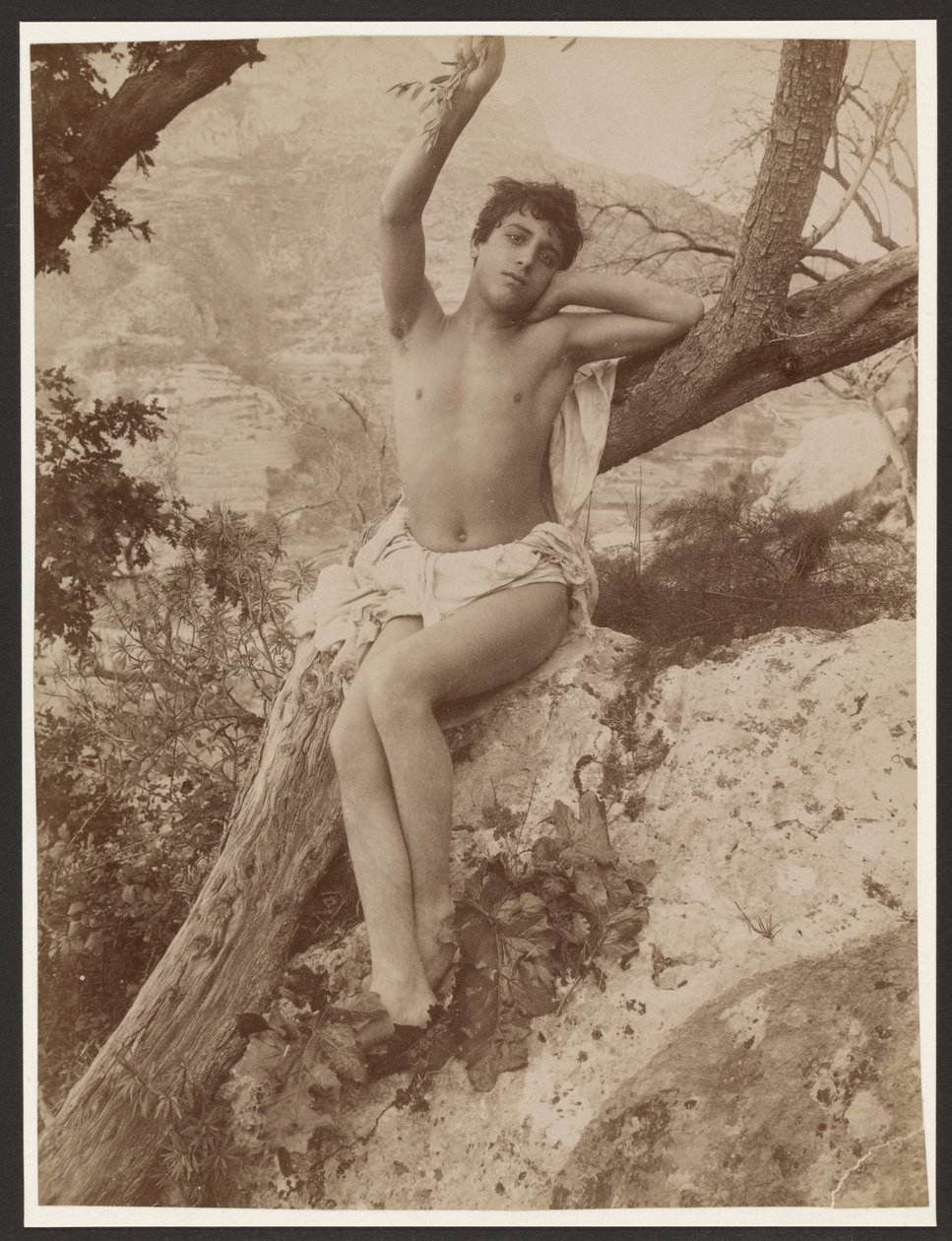 [Ung mann i et tre med hevet arm] av Baron Wilhelm von Gloeden
