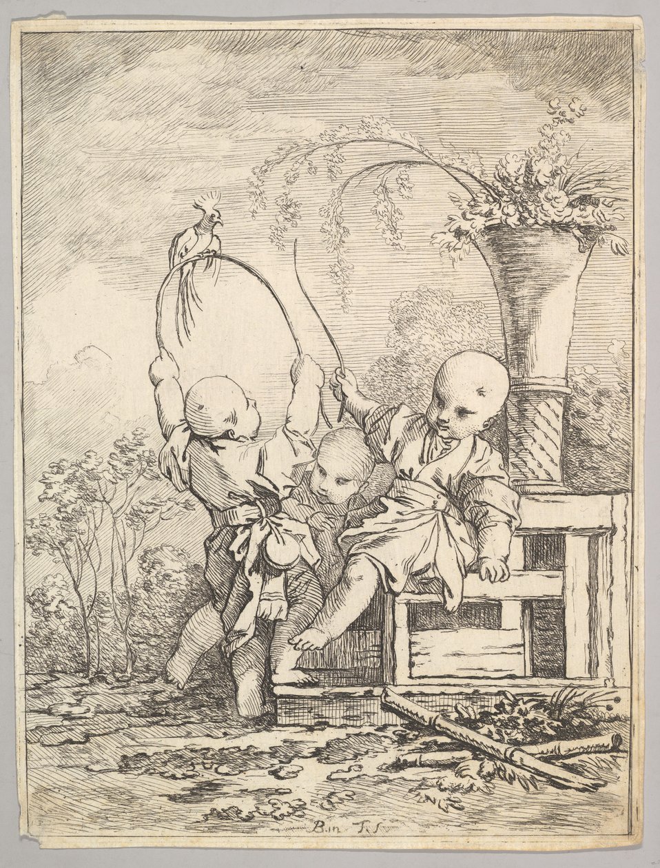 Kinesiske barn leker med en papegøye, 1760-70. av Baron de Thiers Louis Antoine Crozat