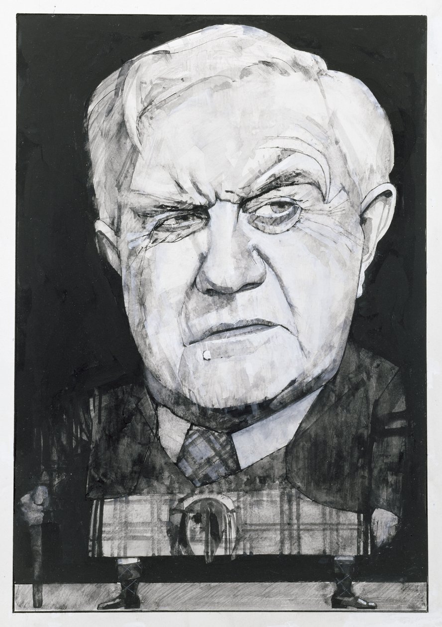 Portrett av Andrew Cruickshank, illustrasjon for The Sunday Times (gouache om bord) av Barry Fantoni