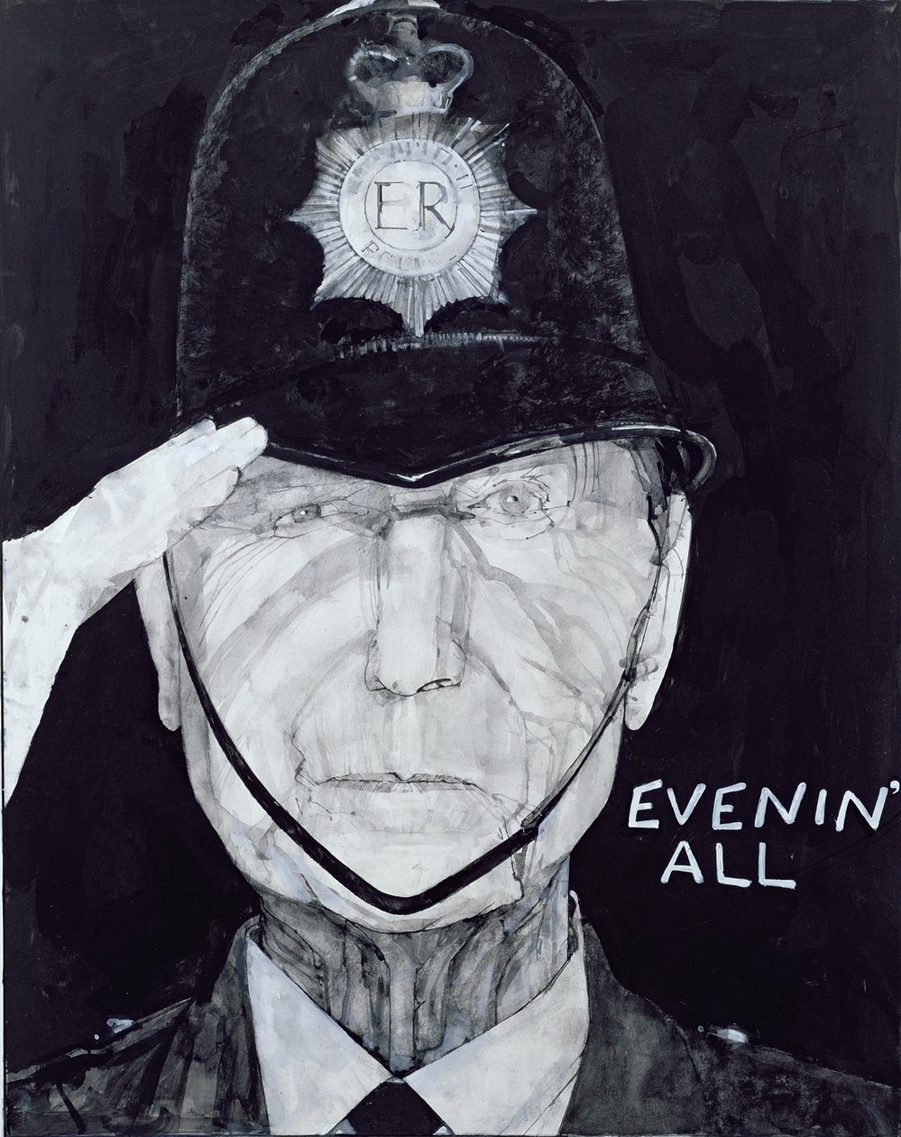 Portrett av Jack Warner som Dixon fra Dock Green, illustrasjon for The Listener, 1970-tallet (gouache om bord) av Barry Fantoni