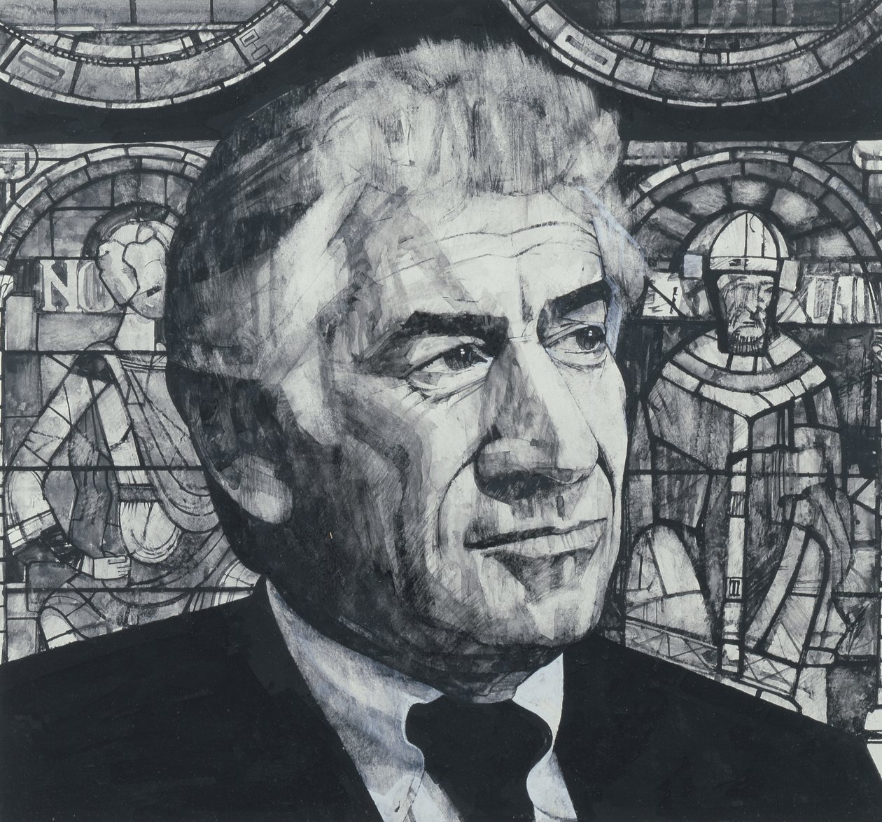 Portrett av Leonard Bernstein, illustrasjon for The Sunday Times, 1970-tallet (gouache om bord) av Barry Fantoni