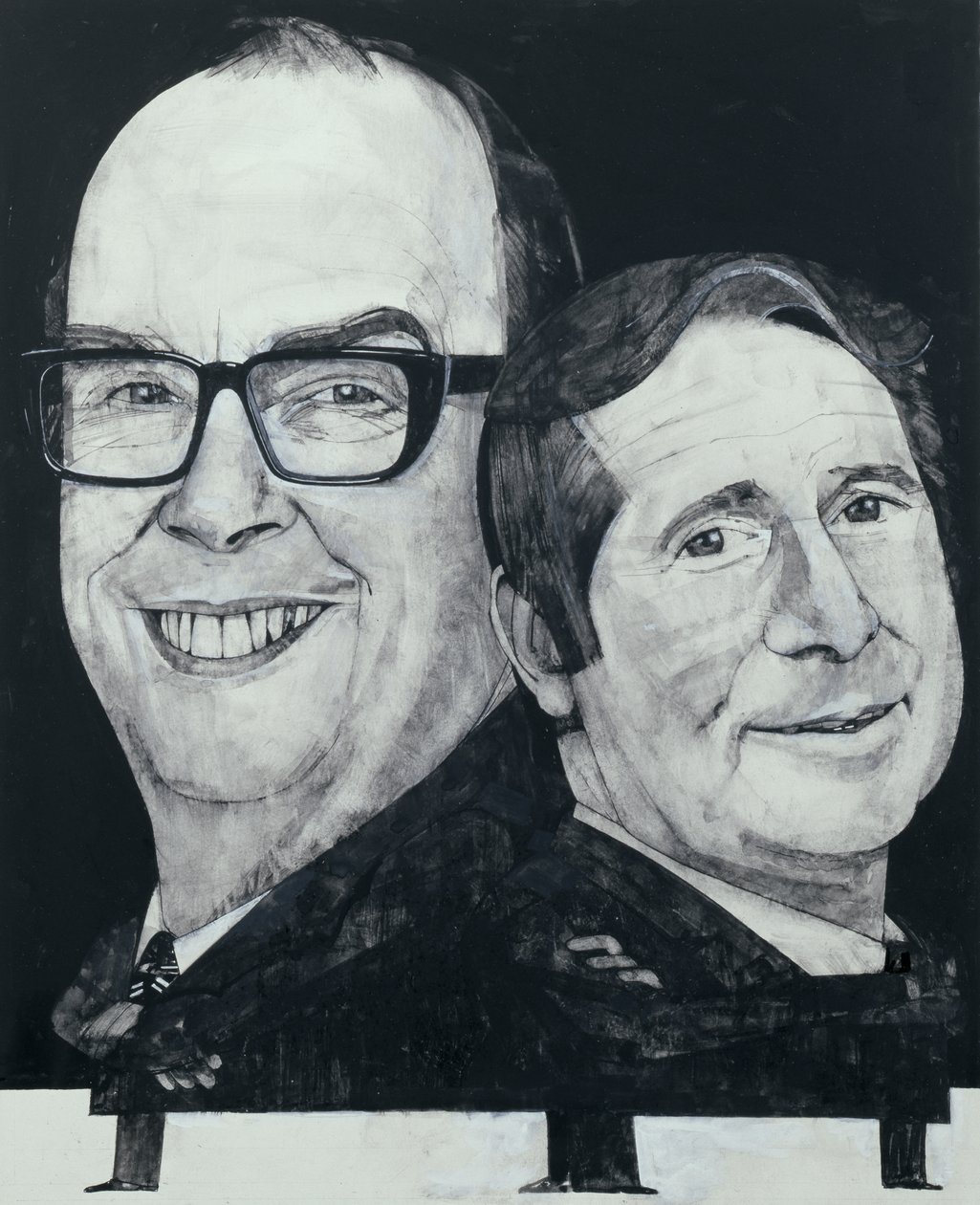 Portrett av Morecambe og Wise, illustrasjon for The Listener, 1970-tallet (gouache om bord) av Barry Fantoni