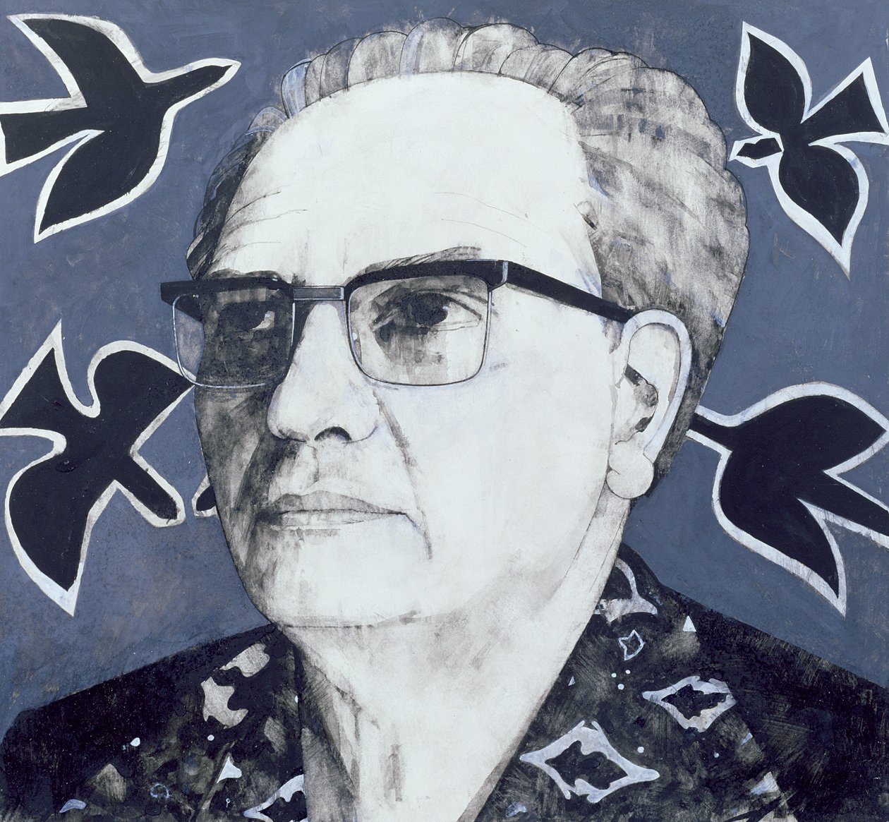 Portrett av Olivier Messiaen, illustrasjon for The Sunday Times, 1970-tallet (gouache om bord) av Barry Fantoni