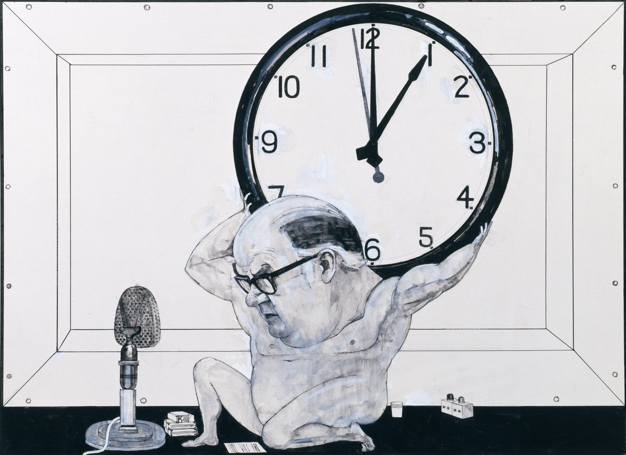 Portrett av William Hardcastle, illustrasjon for The Radio Times, 1970-tallet (gouache og penn og blekk om bord) av Barry Fantoni