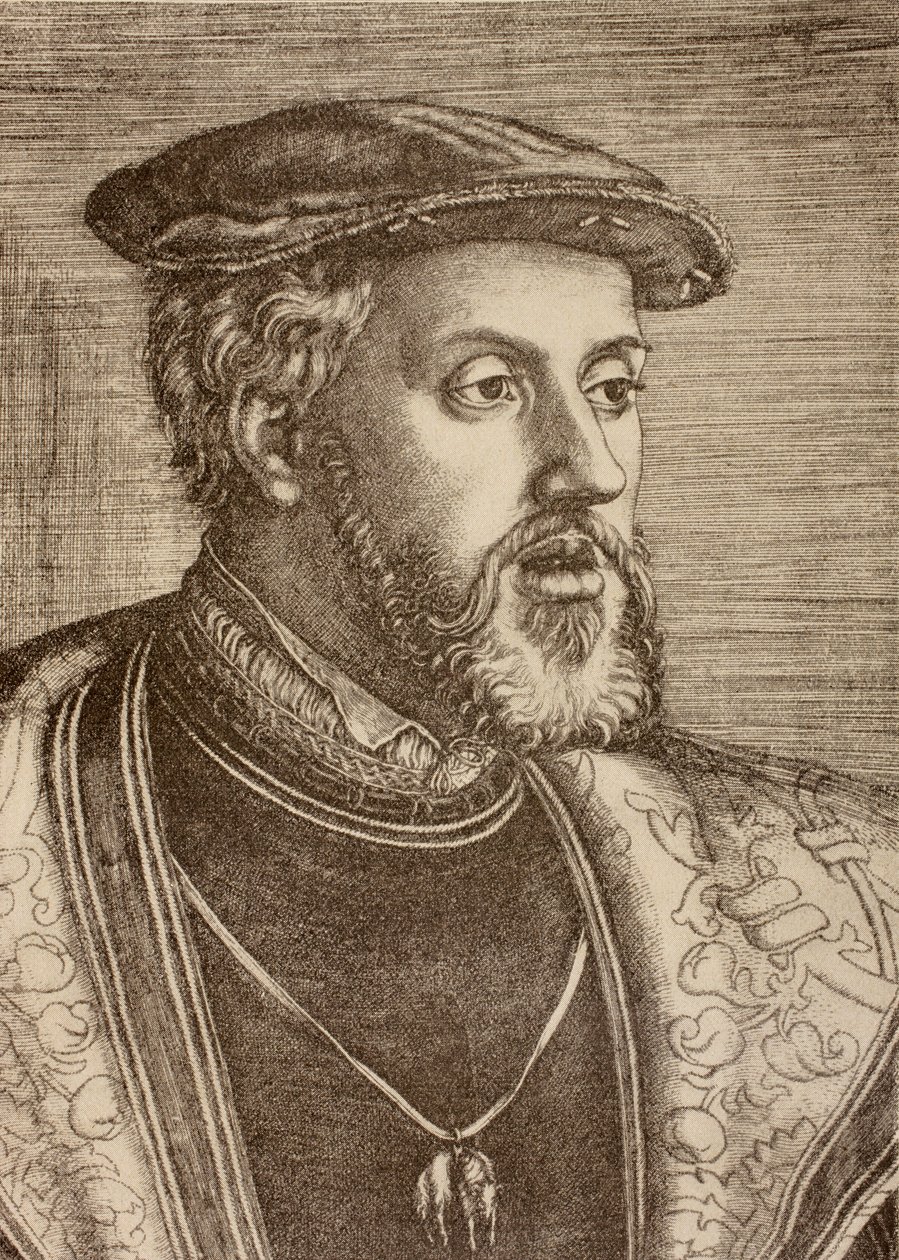 Portrett av Charles Quint, utgitt i 1920 (litho) av Barthel (after) Beham