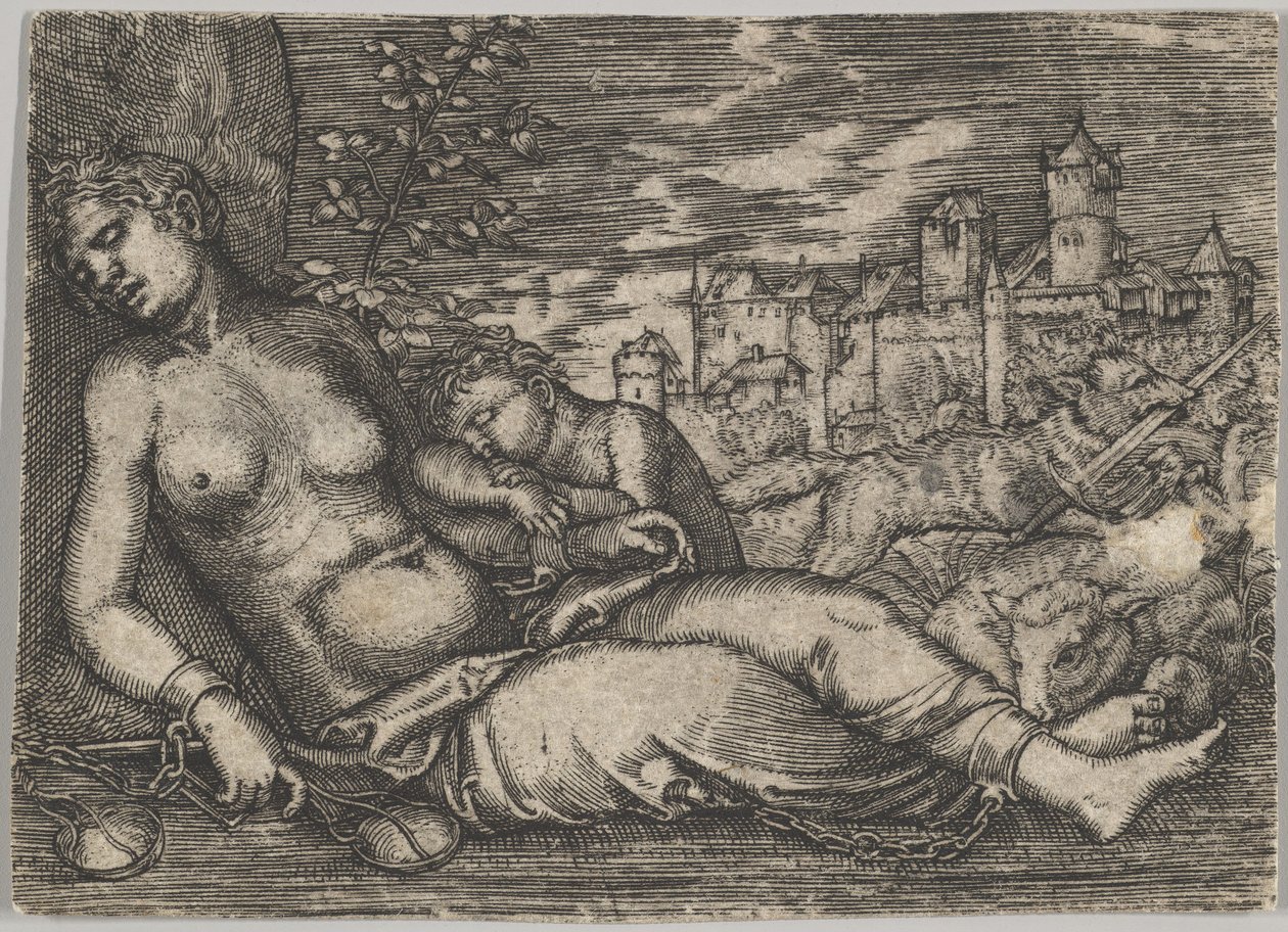 Der Welt Lauf Sleeping Justice kopi, tidlig på 1500-tallet. av Barthel Beham