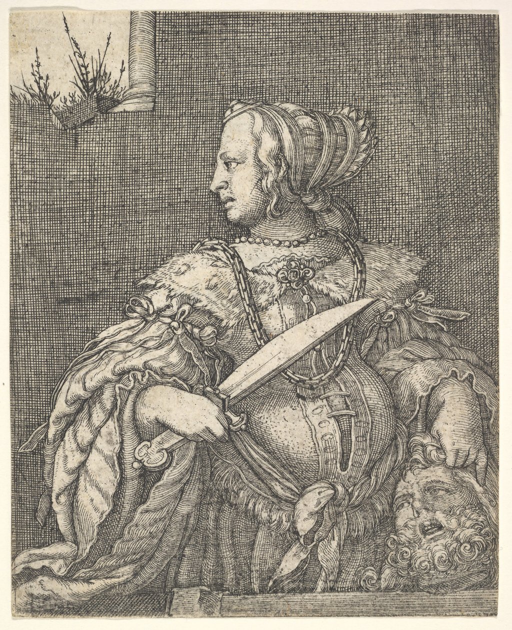 Judith, halvlang og i profil til venstre, et sverd i høyre hånd og hodet til Holo.... av Barthel Beham