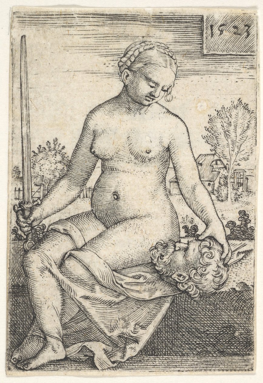 Judith, sittende naken med et sverd i høyre hånd, stirret ned på hodet til Holofernes ..., 1523. av Barthel Beham