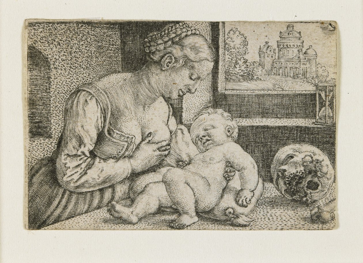 Mor og barn med hodeskalle og timeglass, ca. 1528-1530 av Barthel Beham