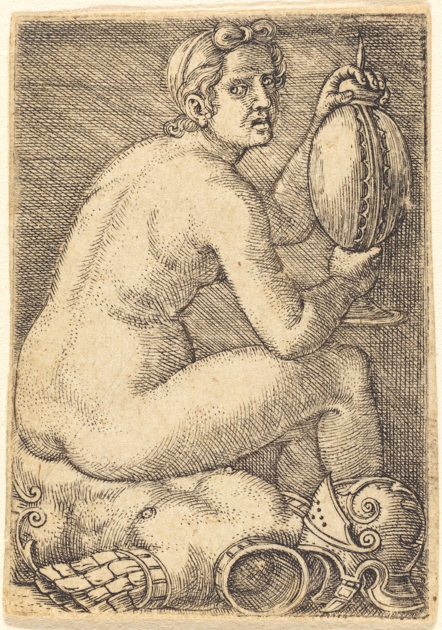 Naken kvinne på en rustning (Prudentia?) av Barthel Beham