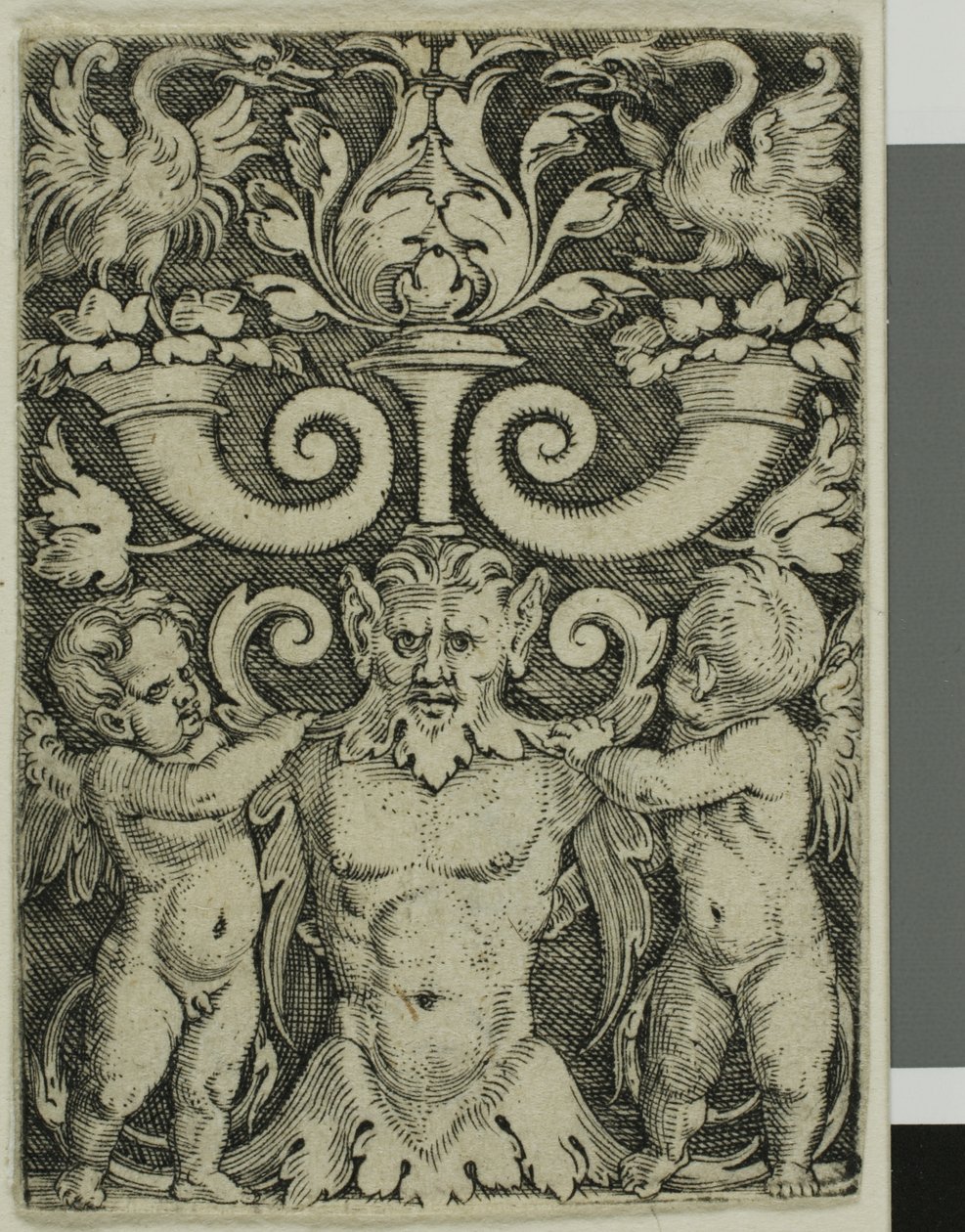 Ornament med en mannlig halvlengde mellom to genier av Barthel Beham