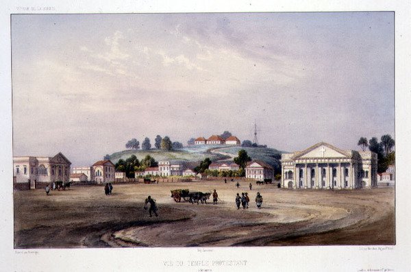 Utsikt over et protestantisk tempel, Singapore, gravert av Alfred Leon Lemercier, ca. 1840 (håndfarget lito) av Barthelemy (after) Lauvergne