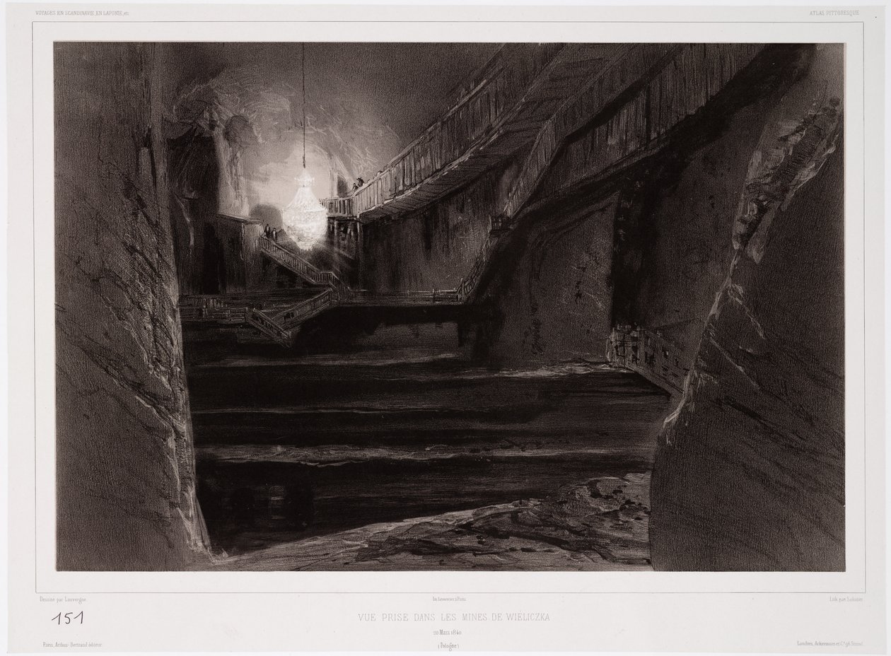 Utsikt tatt i gruvene i Wieliczka, Polen, 20. mars 1840, gravert av Sabatier (tonet litho) av Barthelemy after Lauvergne