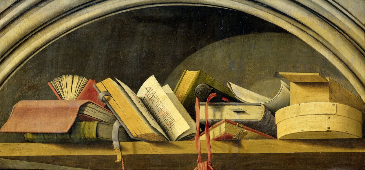 Stilleben med bøker i en nisje, 1442-45 av Barthelemy dEyck