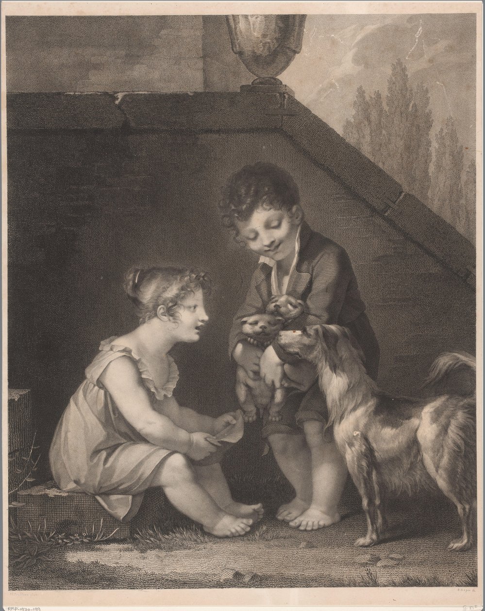 To barn med hunder Åh, les jolis petits chiens av Barthélémy Joseph Fulcran Roger