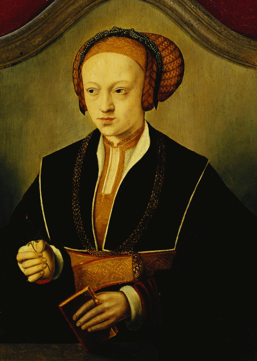 Portrett av en dame som sies å være prinsesse Sibylle av Cleve, halv lengde, iført et svart kostyme, gullkjede og en forseggjort hodeplagg, holder en bok og en roseknopp, av Bartholomaeus Bruyn