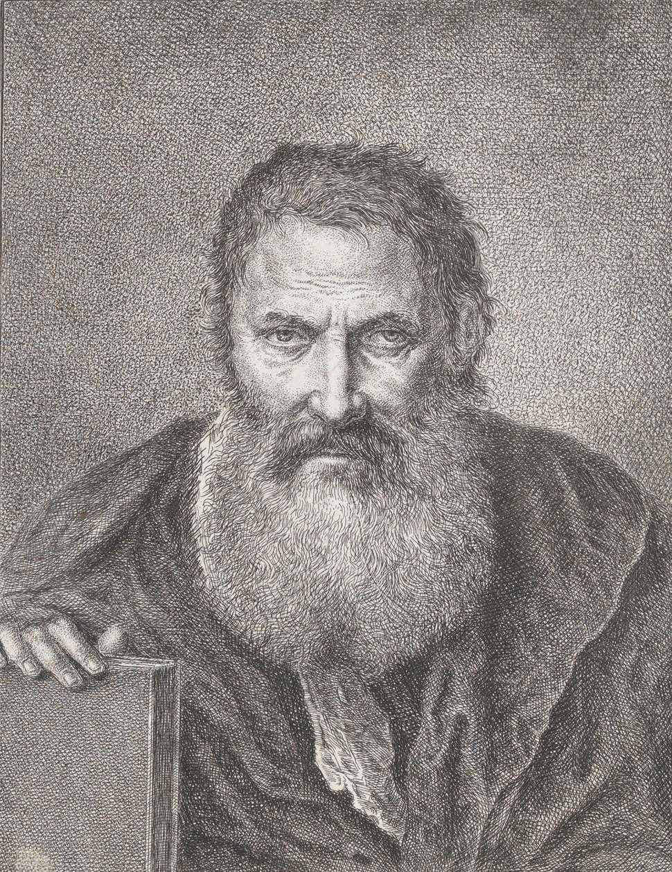 Portrett av en skjeggete mann som holder en bok, ca. 1750-1815. av Bartholomaeus Ignaz Weiss