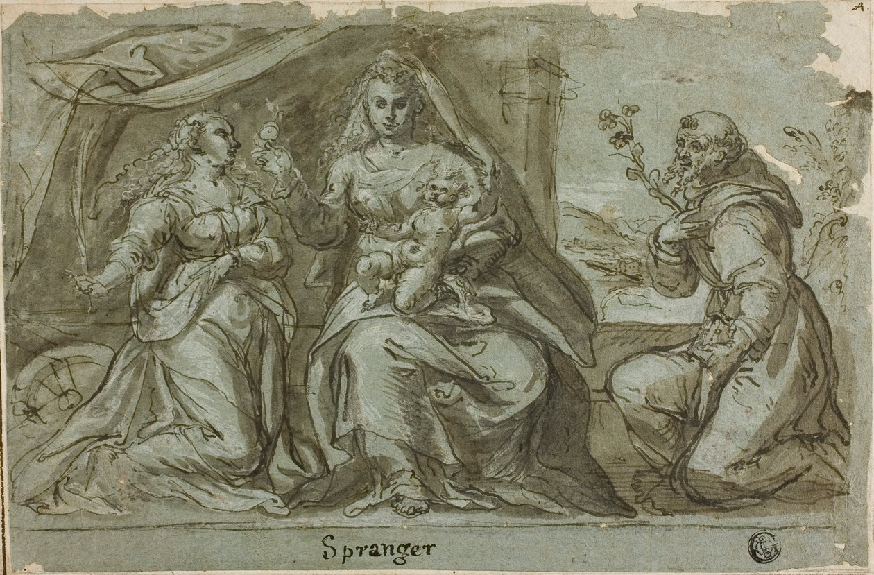 Madonna og barn med de hellige Catherine og Dominic av Bartholomaeus Spranger