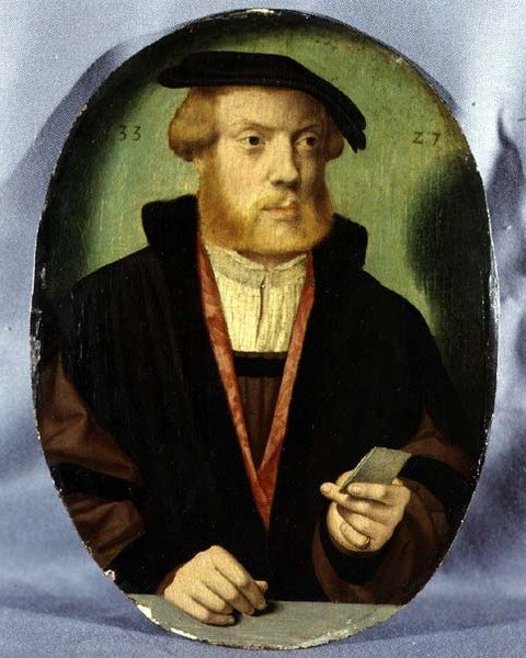 Et portrett av en ung mann med en pelsforet kappe av Bartholomaeus the Elder Bruyn
