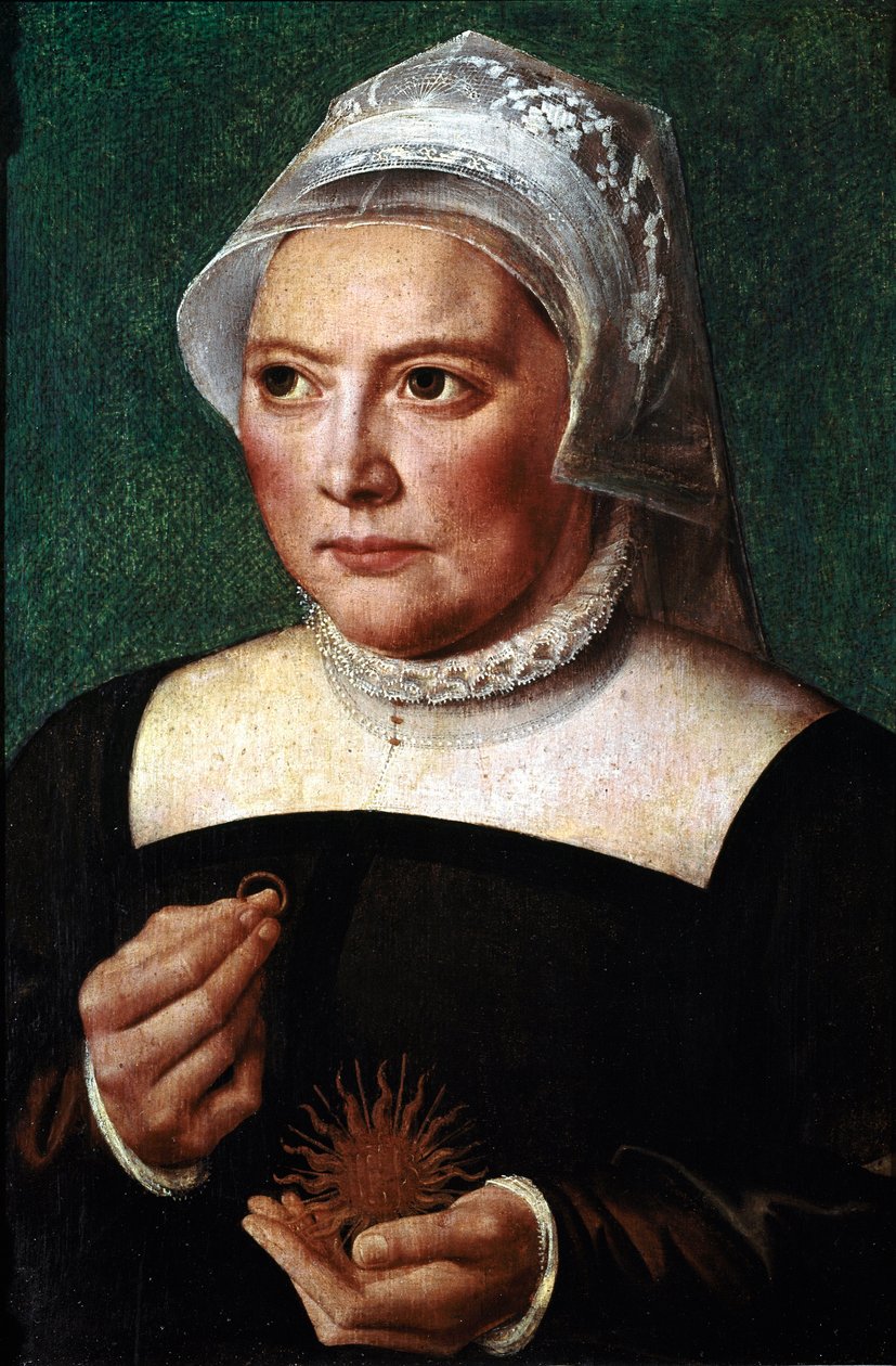 Portrett av Catherine de Bore (Katharina von Bora) (1499-1552), kona til Martin Luther. Hun holder en allianse i hånden og har på seg en jordbærkrage. Maleri av Bartholomaeus (Barthel) Bruyn den eldre (1493-1555) Chantilly, Conde Museum av Bartholomaeus the Elder Bruyn