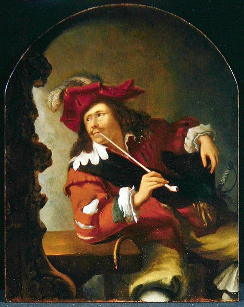 En ung mann som sitter ved bordet og røyker en pipe mens han ser inn i et speil (olje på panel) av Bartholomaus Maton
