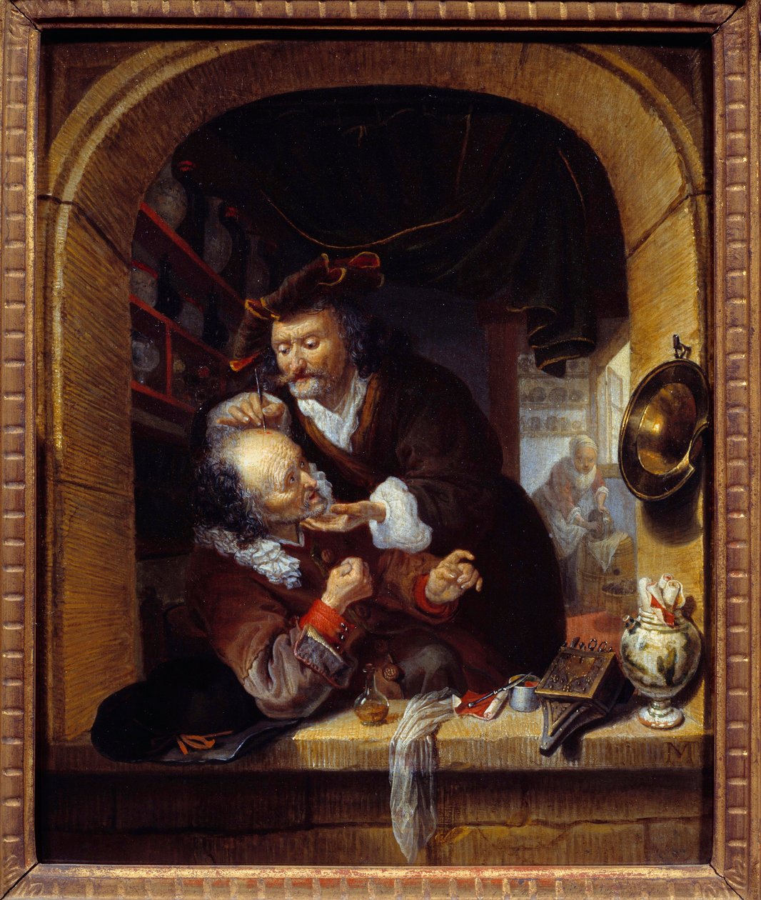 Medisin: "" en lege gjør en liten blødning for å behandle pasientens hodepine"" Maleri av Bartholomeus Maton (1643-1684) 1600-tallet Søn. 0,27x0,21 m Paris, Musee du Petite Palais av Bartholomaus Maton