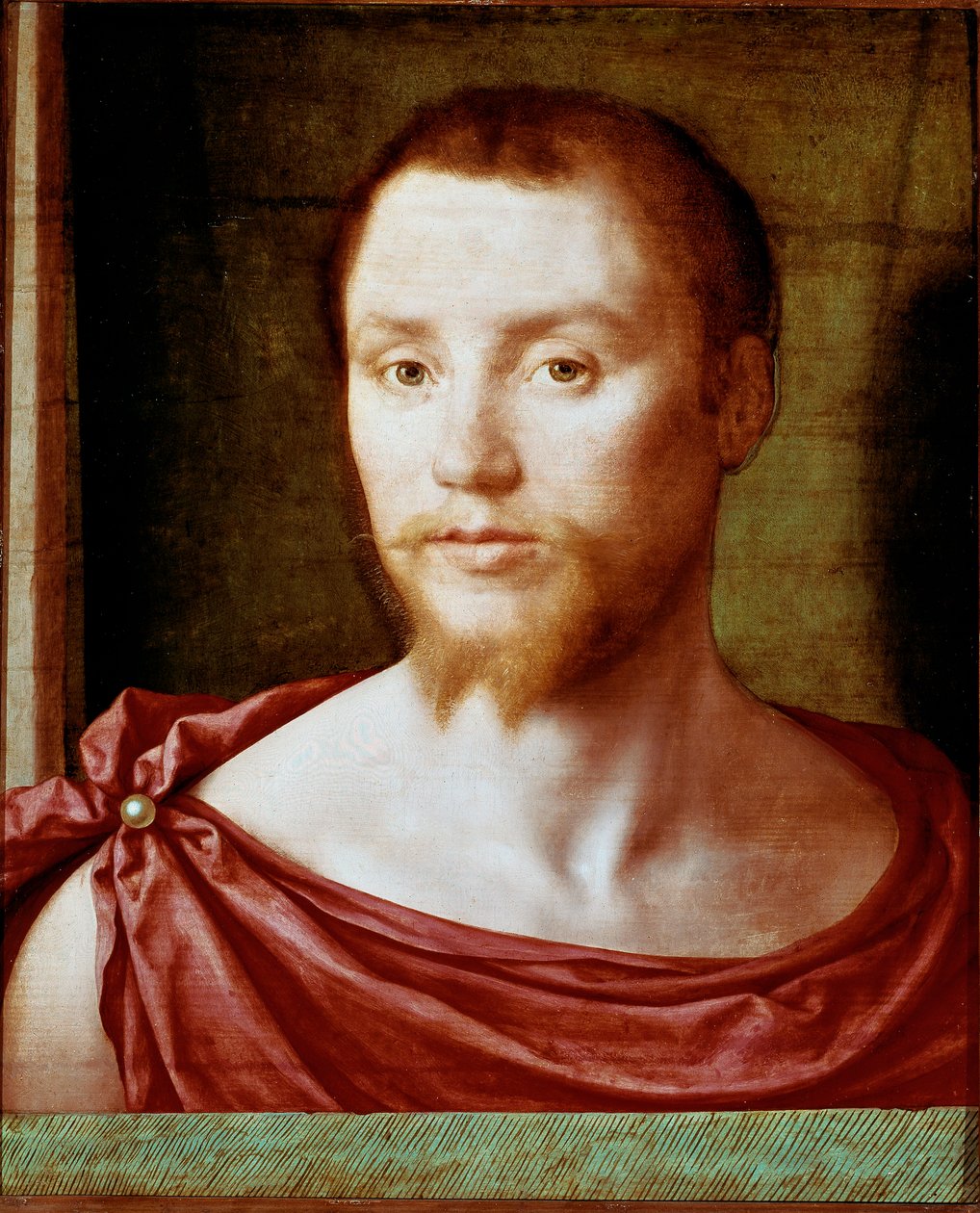 Portrett av mann med det antikke røde mannsansiktet med dobbeltspiss skjegg (eller geit), det er dekket med et lendeklede. Maleri på tre tilskrevet Pseudo Felix Chretien (ca. 1510-1579). ca 1535-1550 Dim. 48x39 cm Paris, musee du Louvre - Portrett av en ma av Bartholomeus (active 1518 1541) Pons