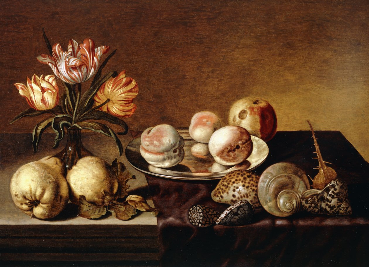 En sølvplate med fersken, en vase med papegøyetulpaner, pærer og skjell på et delvis drapert bord, av Bartholomeus Assteyn